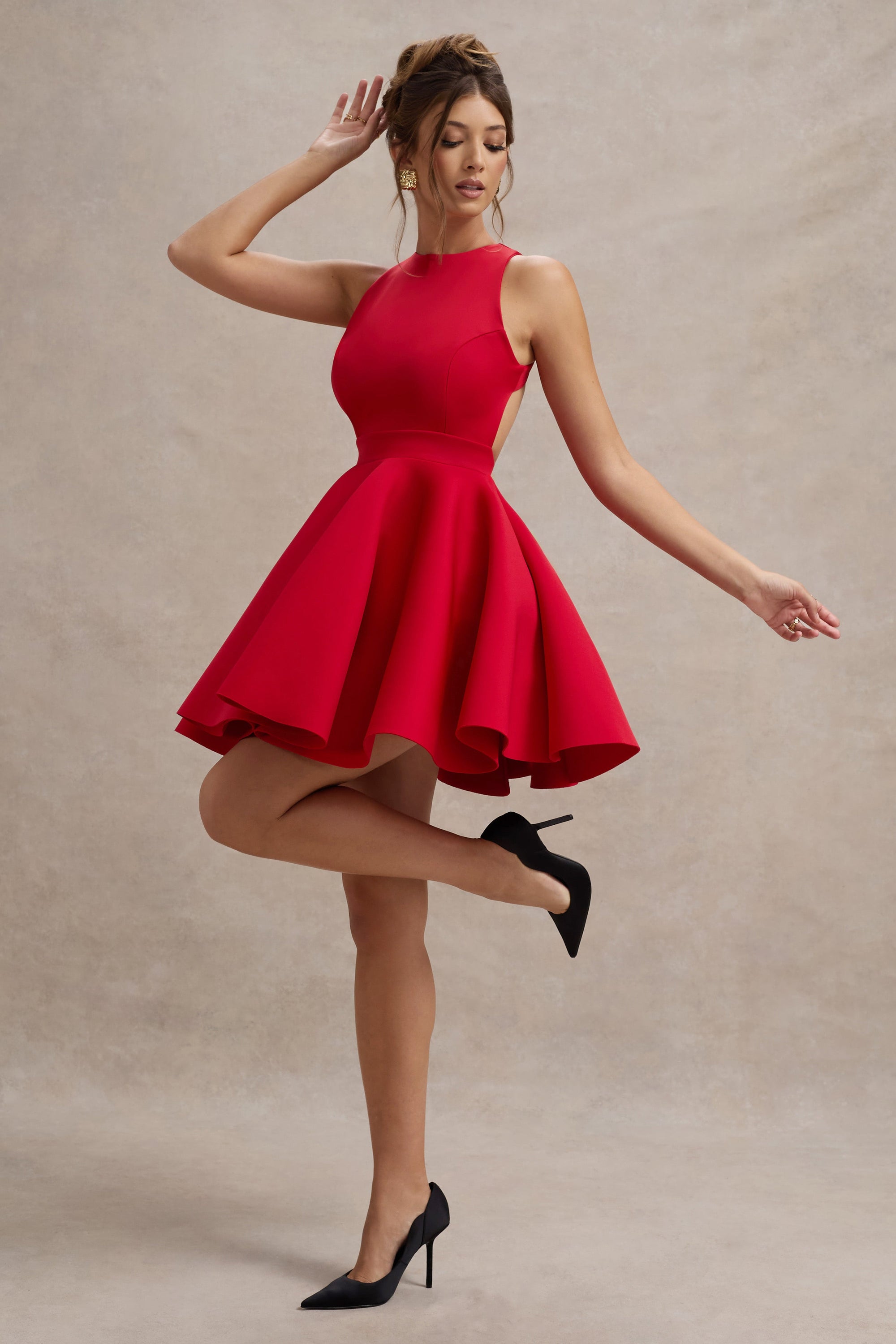 Waverly | Rotes ärmelloses Skater-Minikelid mit Racer-Kragen