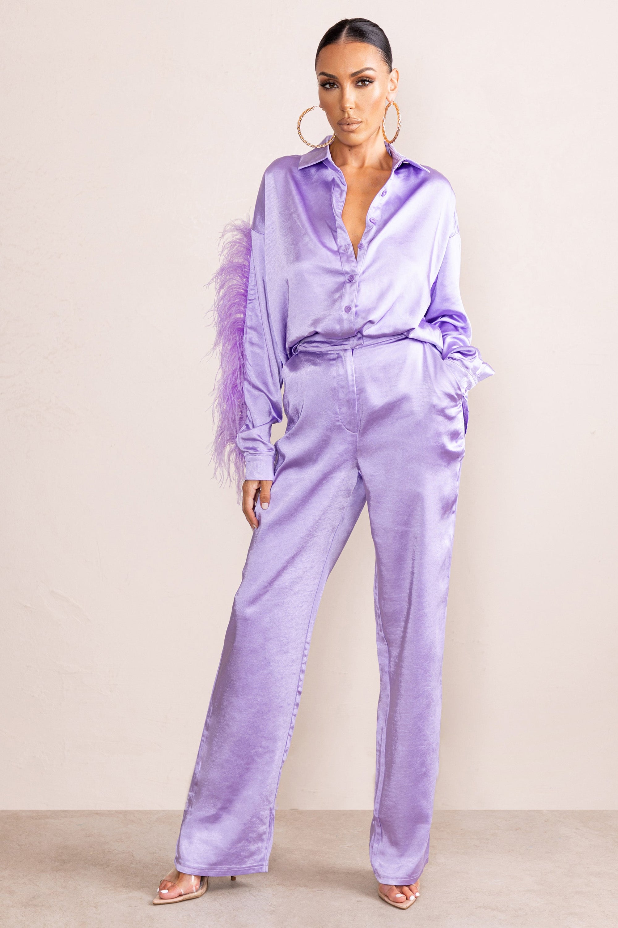 Evening Memories | Fliederfarbene Satin-Hose mit weitem Bein