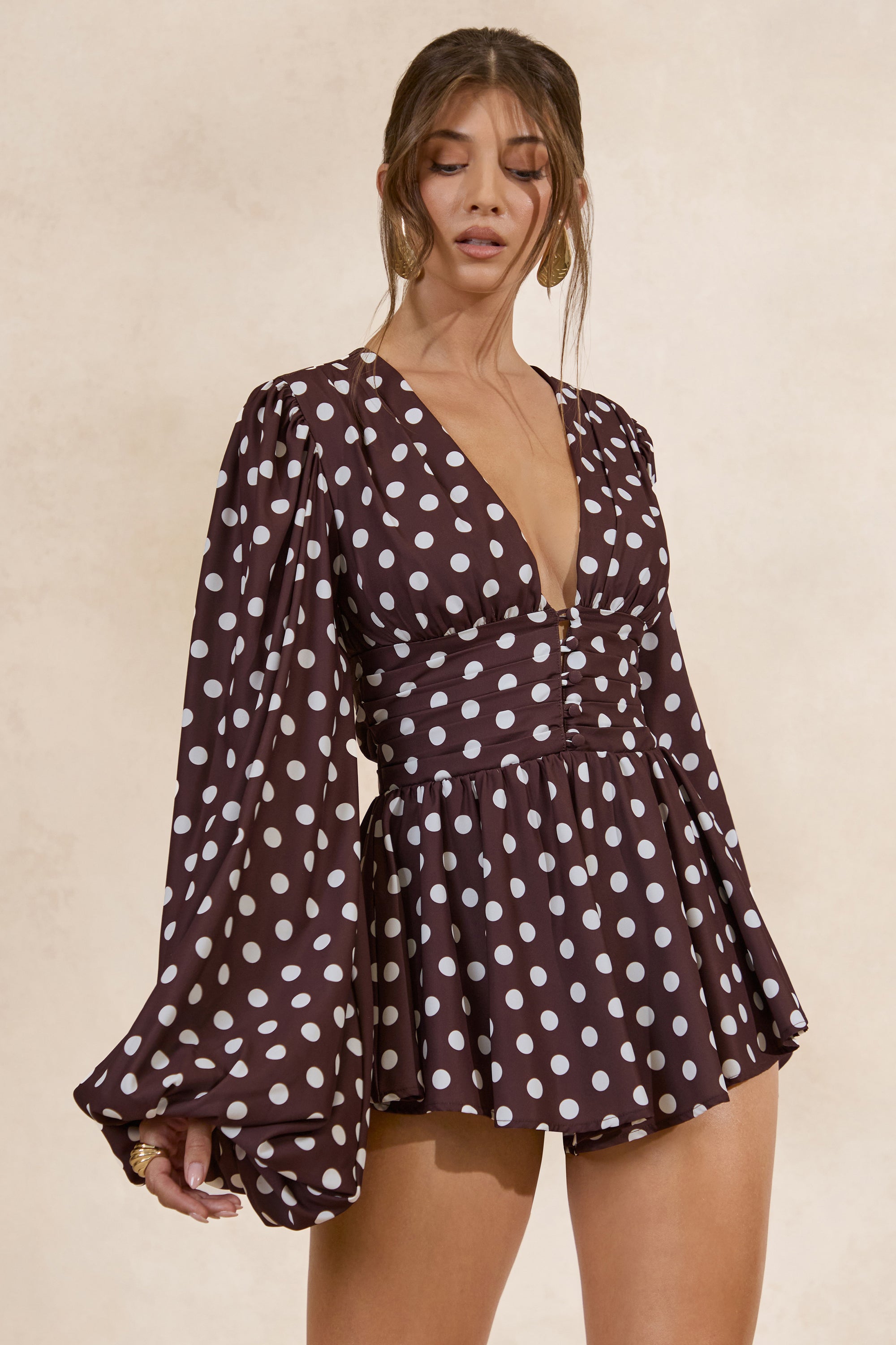 CL132290022 - Laurel _ Dark Brown Polka Dot V-Neck Balloon Sleeve Playsuit2.jpg