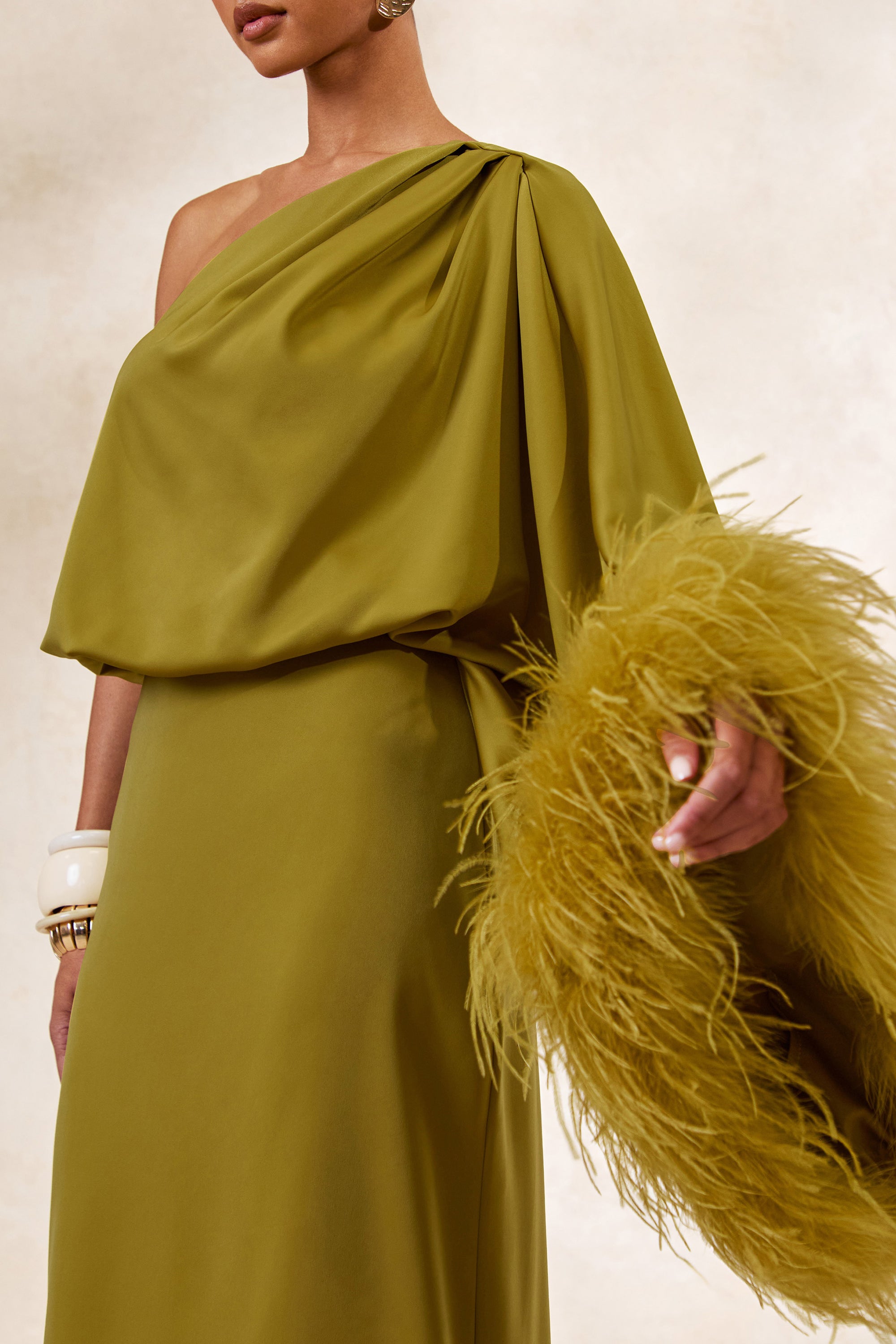 CL136380031 - Felicity _ Olive Satin Asymmetric-Neck Maxi Dress With Feather Detailing4.jpg