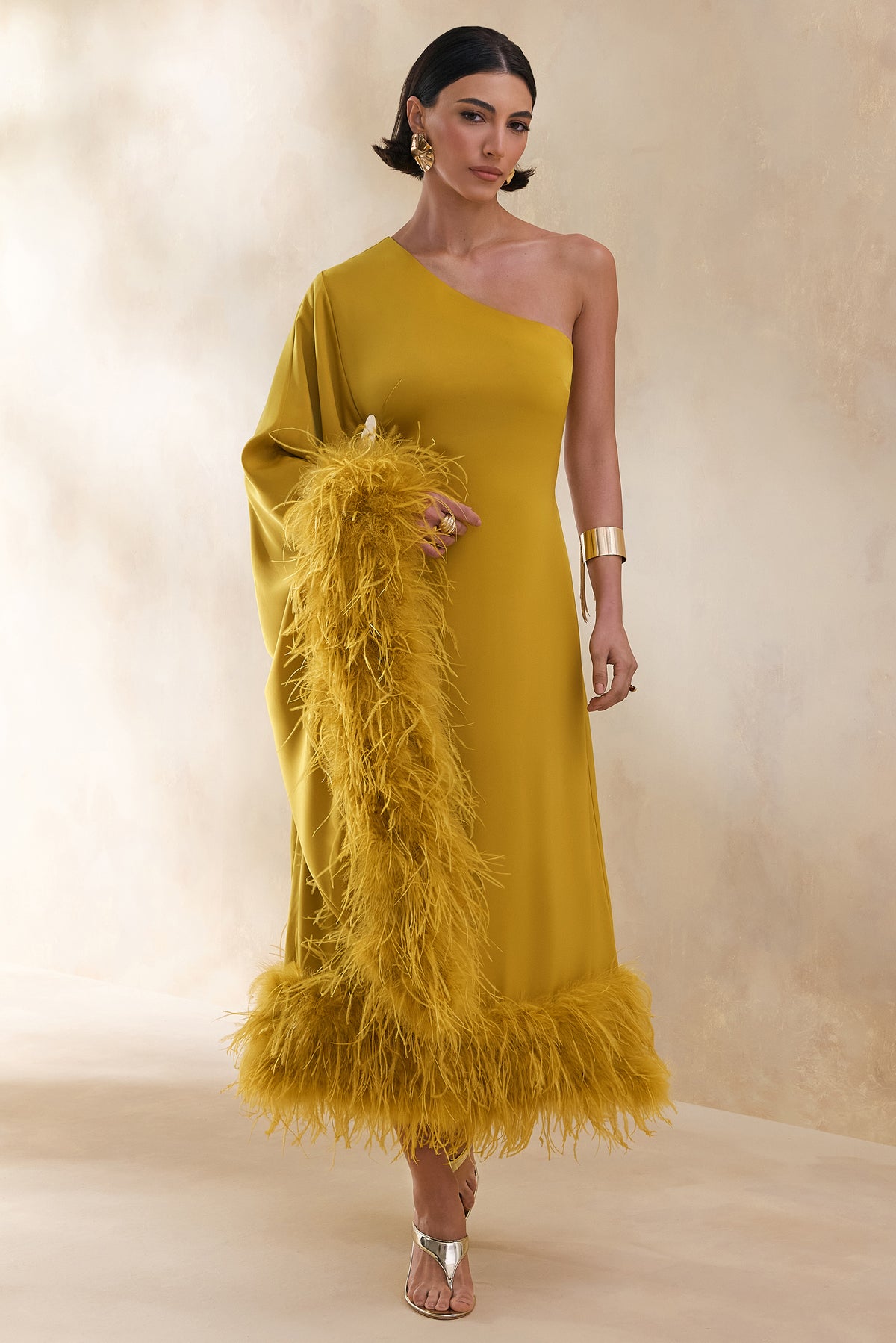 ECM_HR_CL136382382 Destiny _ Yellow Satin Asymmetric-Neck Midi Dress With Feather Details 1.jpg