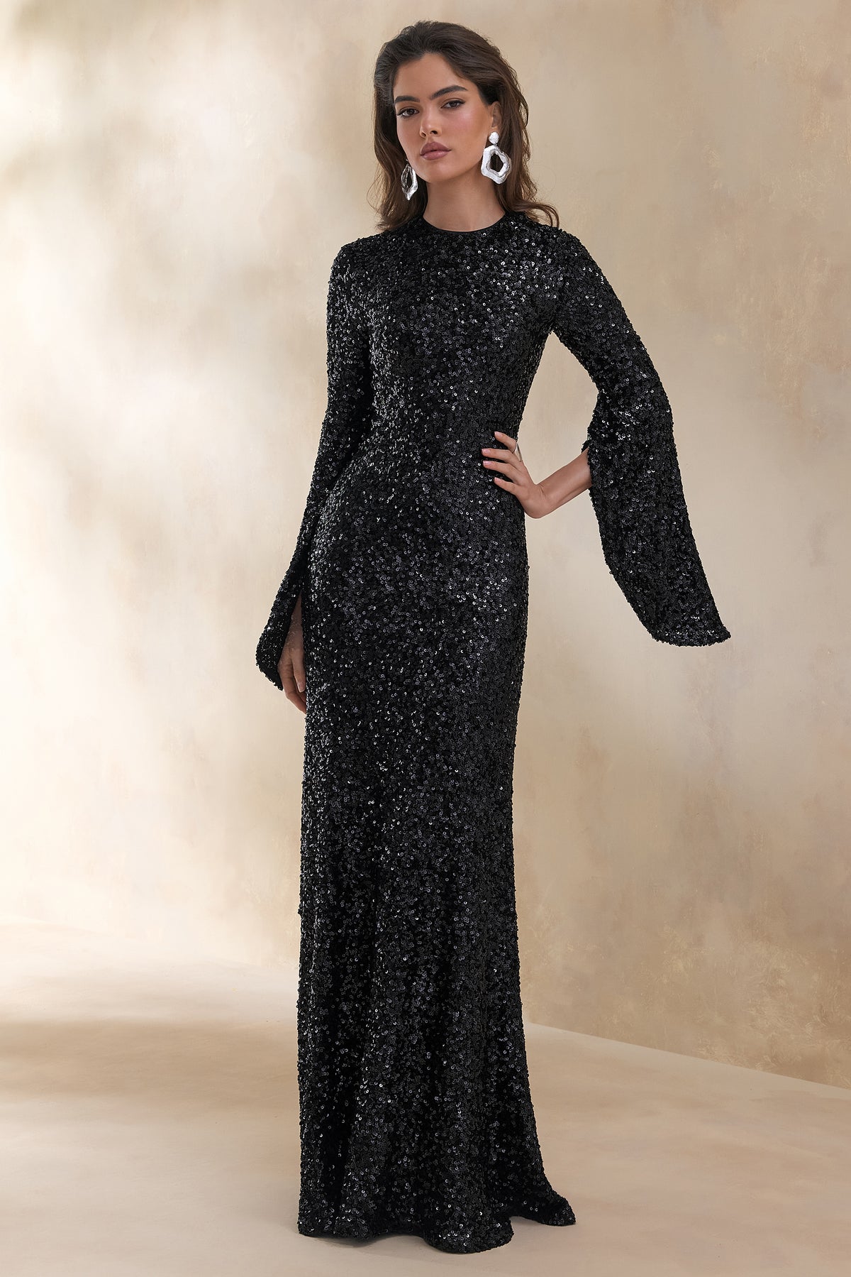 ECM_HR_CL136679002 Romea | Black Sequin Round-Neck Maxi Dress With Cape Sleeves 0.jpg