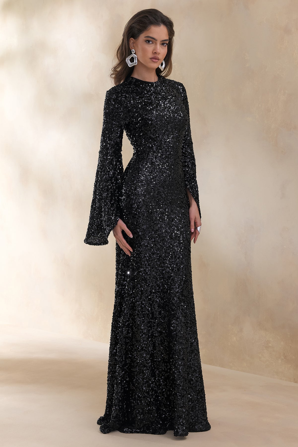 ECM_HR_CL136679002 Romea | Black Sequin Round-Neck Maxi Dress With Cape Sleeves 2.jpg
