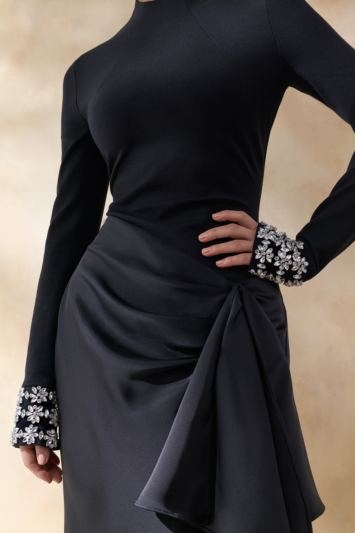 ECM_HR_CL136771002 Starred _ Black Crew-Neck Maxi Dress With Drop-Waist And Satin Wrap-Skirt 0.jpg
