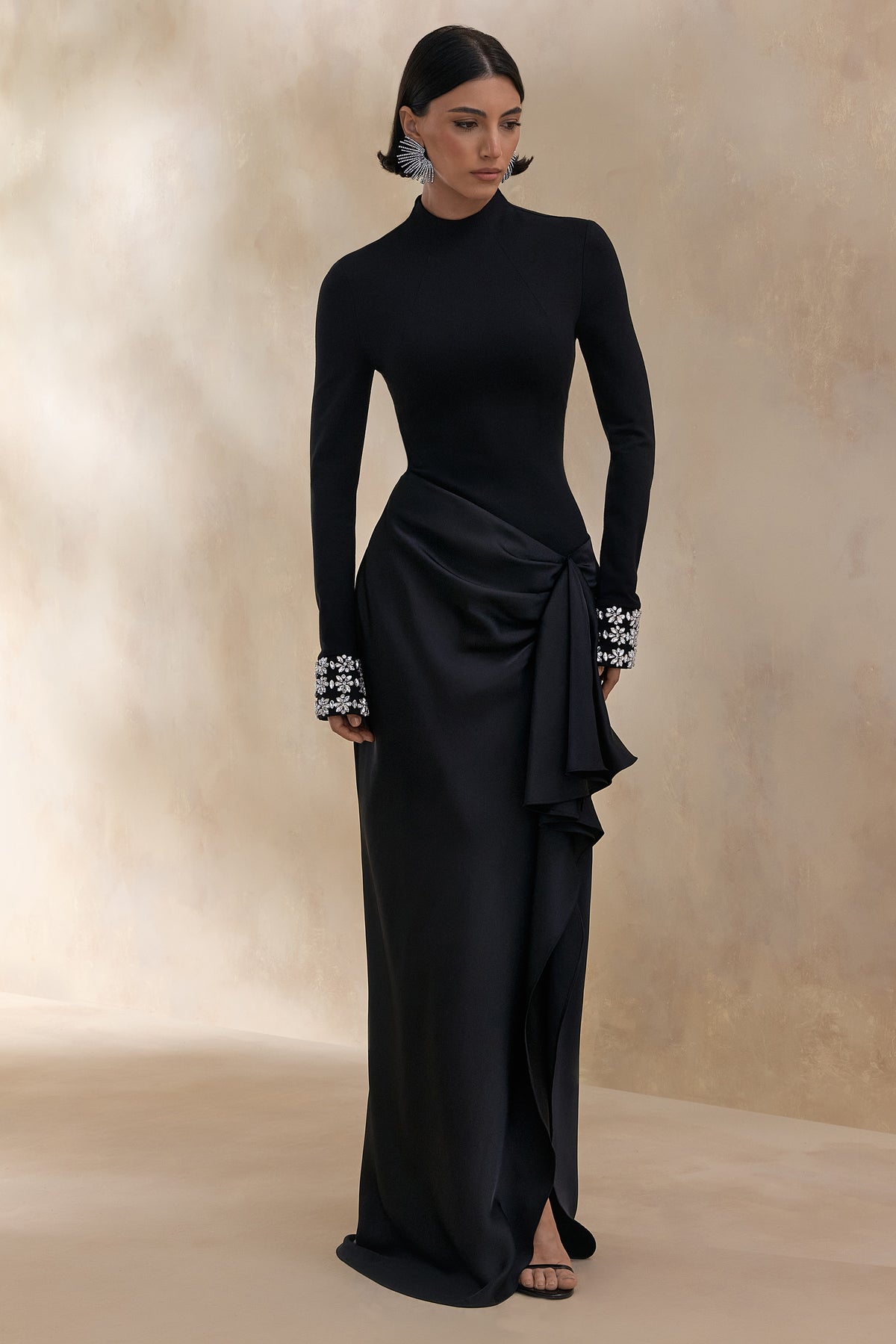 ECM_HR_CL136771002 Starred _ Black Crew-Neck Maxi Dress With Drop-Waist And Satin Wrap-Skirt 3.jpg