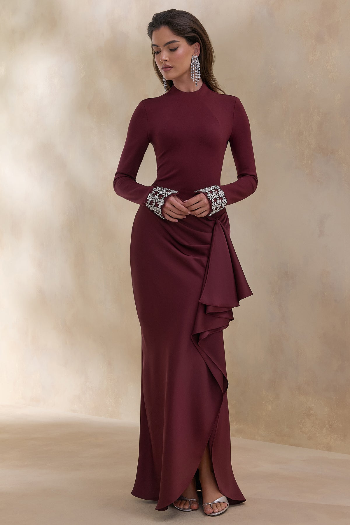 ECM_HR_CL136771069 Starred _ Burgundy Crew-Neck Maxi Dress With Drop-Waist And Satin Wrap-Skirt 0.jpg