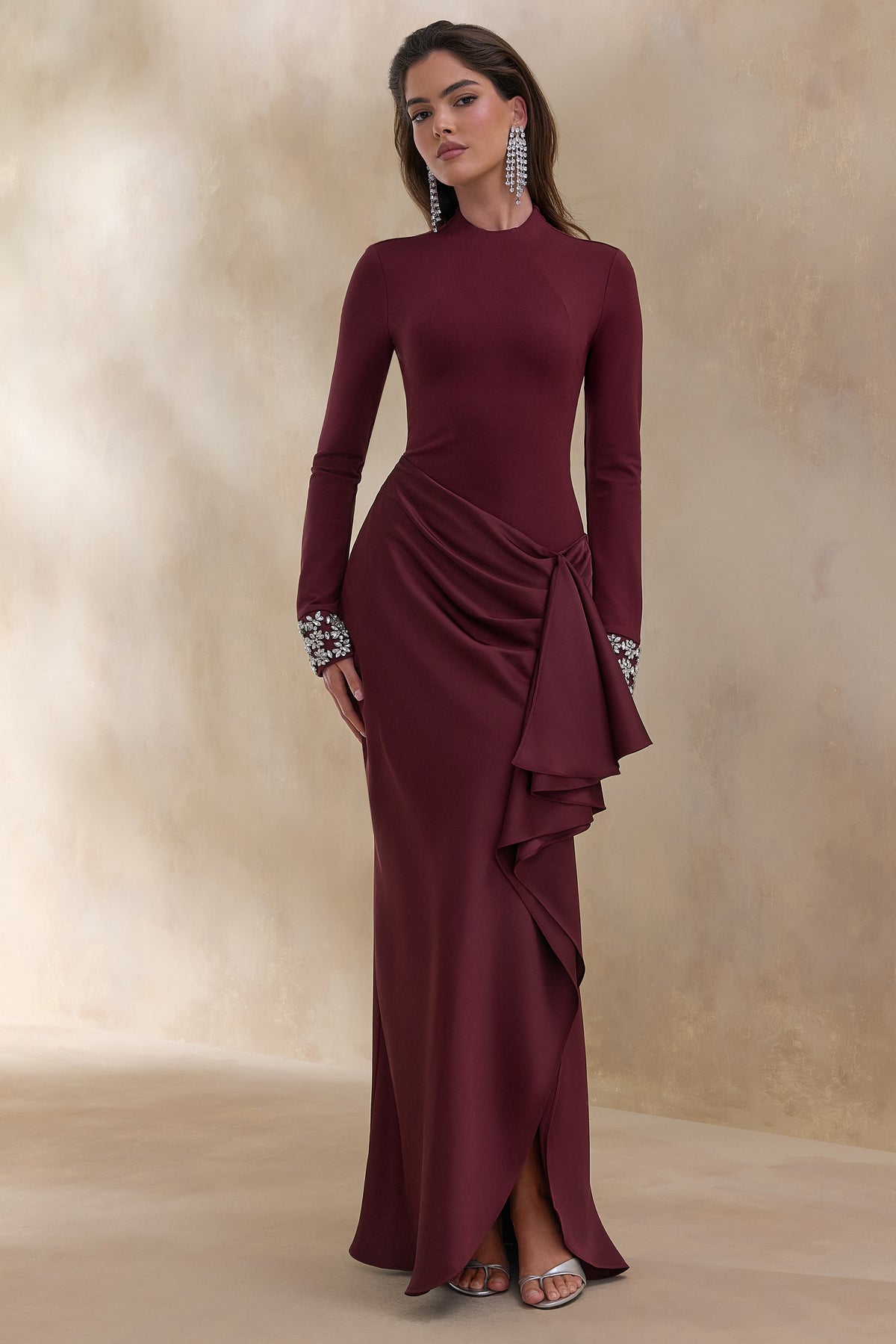 ECM_HR_CL136771069 Starred _ Burgundy Crew-Neck Maxi Dress With Drop-Waist And Satin Wrap-Skirt 1.jpg