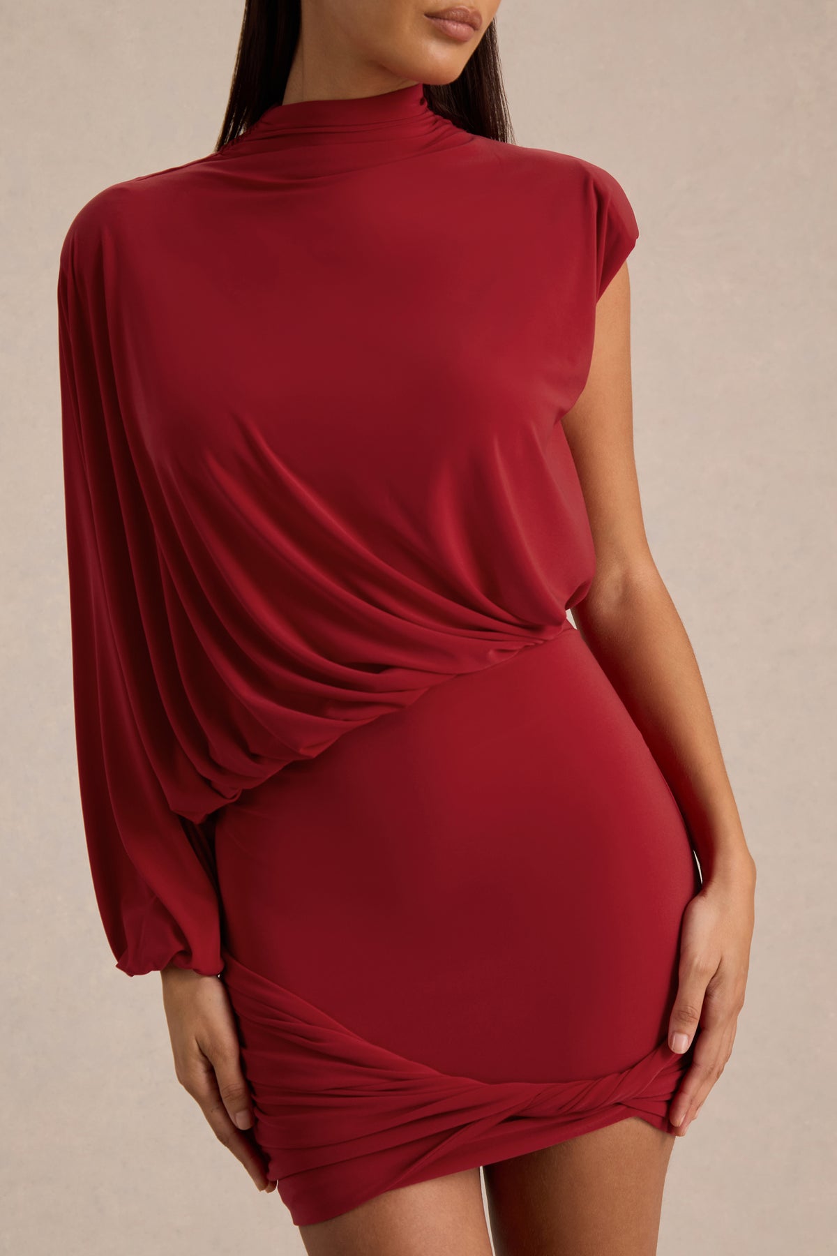 HR_CL137489477 - Zelda Red High-Neck Mini Dress With One-Long Sleeve And Twisted Detail 04.jpg