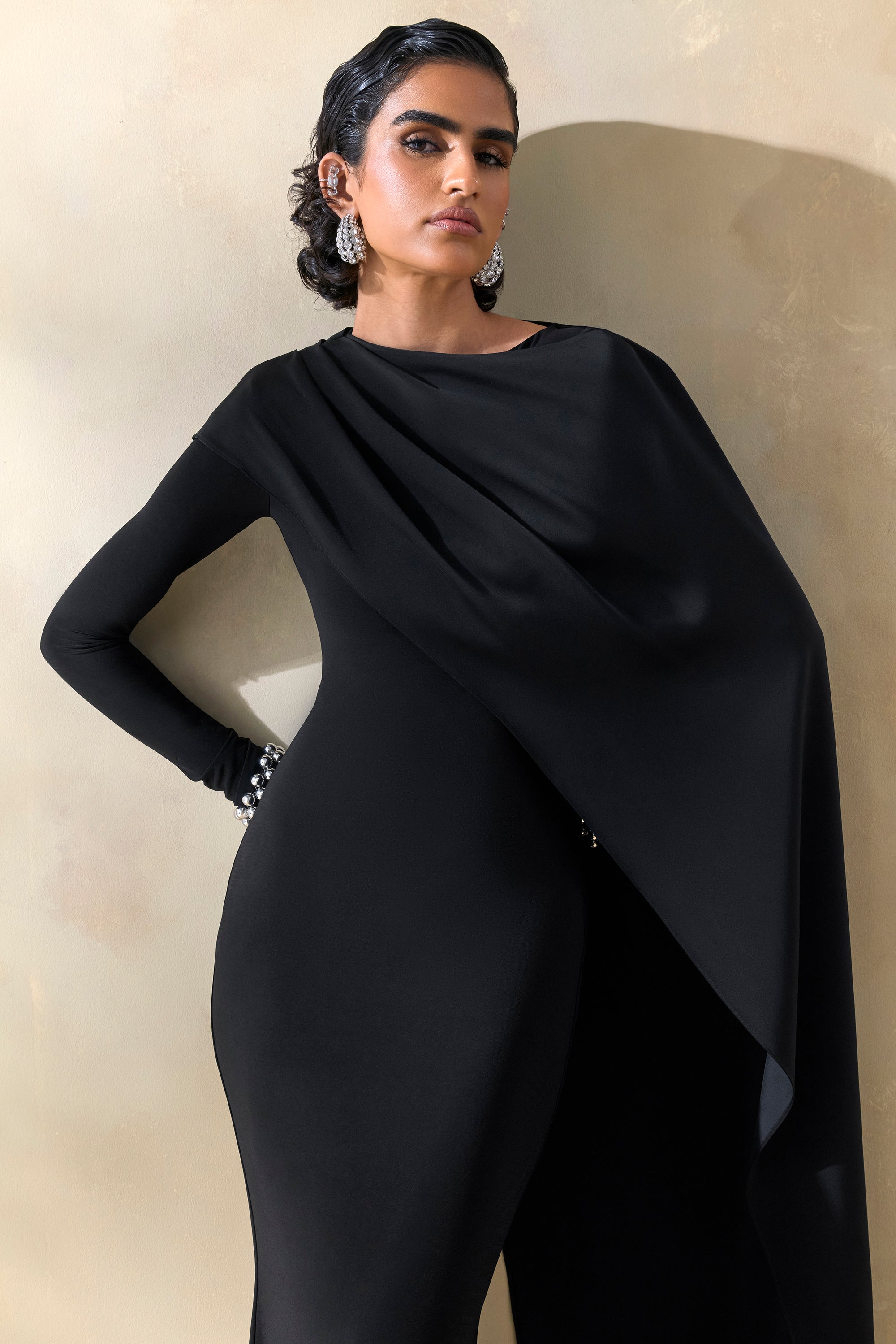 ECM_HR_CL137666001 - Salenne _ Black Round-Neck Maxi Dress With Satin Asymmetric-Cape 4.jpg
