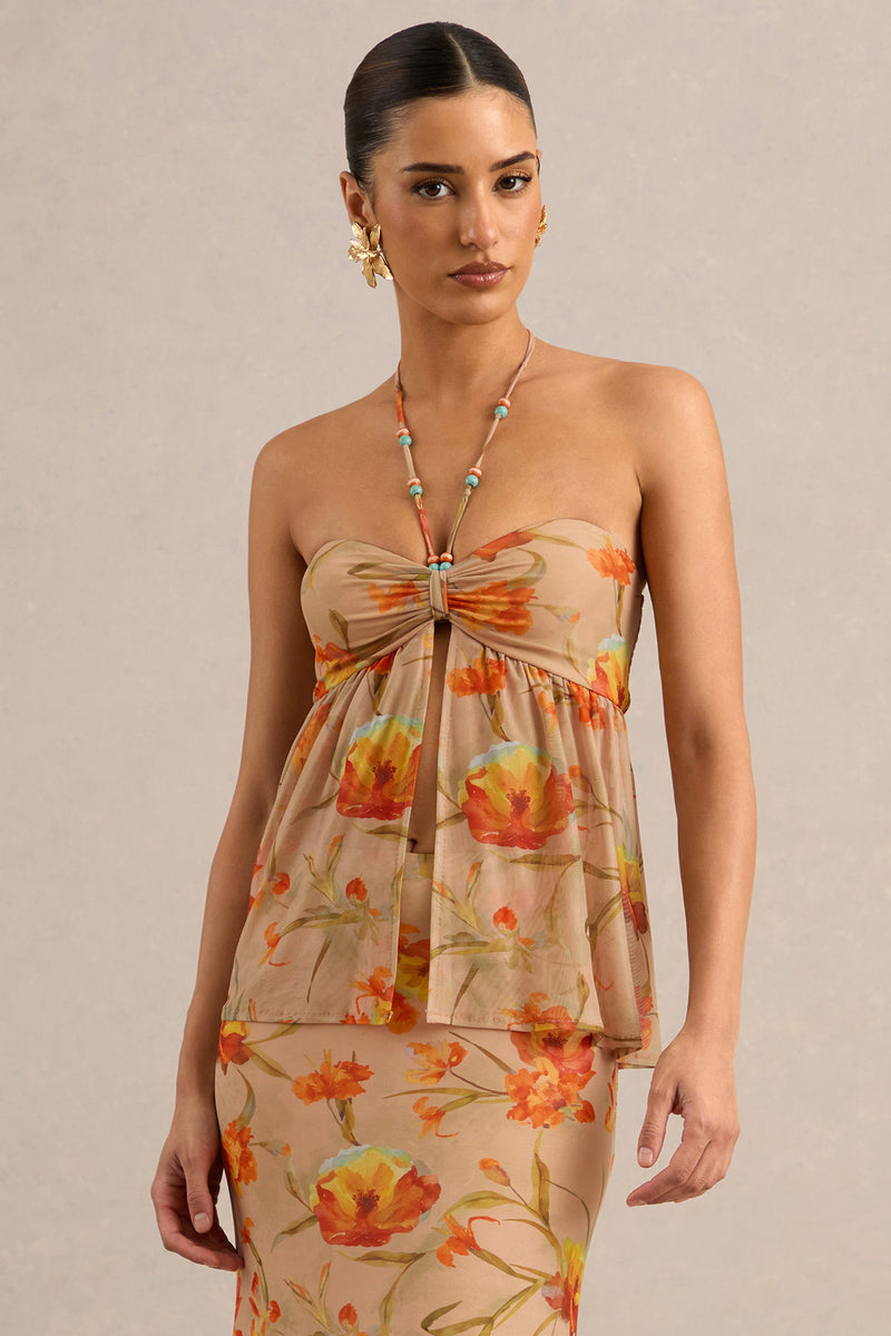 CL138221070 - Flaviah | Orange Floral Print Mesh Halter-Neck Top 1.jpg