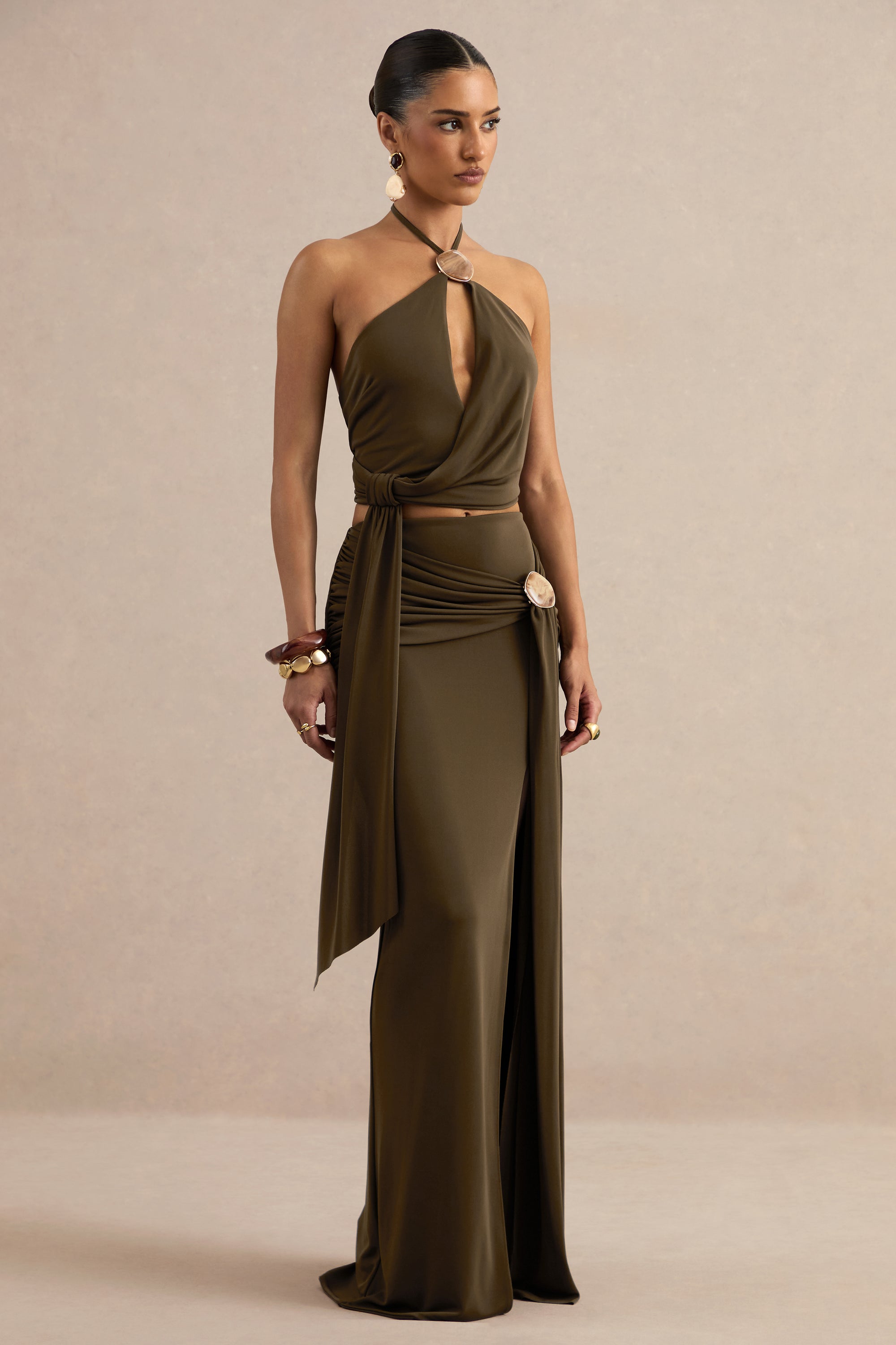ECM_HR_CL138404035 - Liviana | Khaki Halter-Neck Top With Gathered Detailing And Gold Detail + CL138405035 - Liviana | Khaki Maxi Skirt With Gathered Detailing And Gold Detail 4.jpg