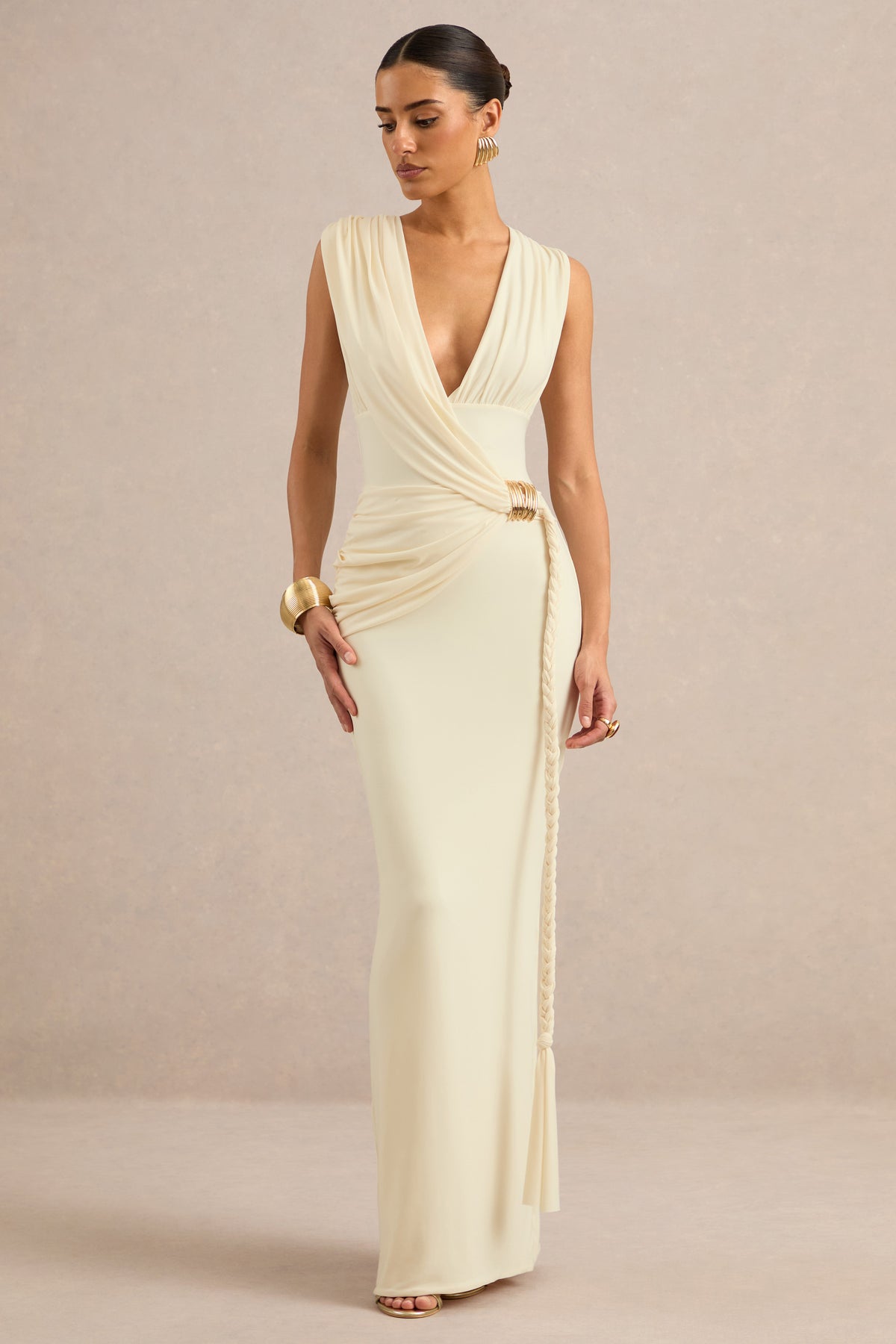 ECM_HR_CL138423111 - Nalina | Cream Plunge-Neck Maxi Dress With Gathered Detailing And Gold Detail 5.jpg