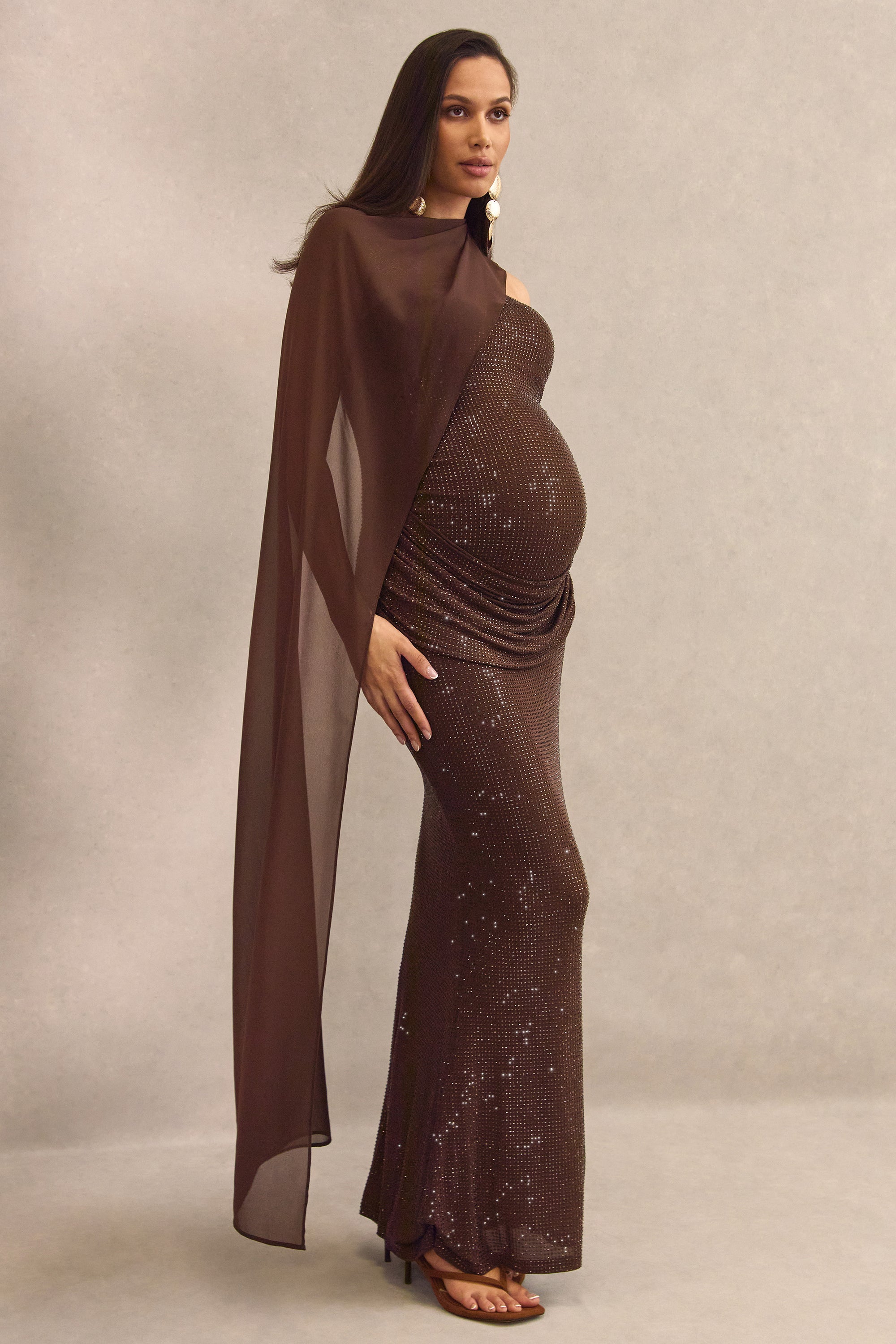 ECM_HR_CL138455022  - Ottoline Dark Brown Asymmetric-Neck Maternity Maxi Dress With Sheer Cape Detail1.jpg