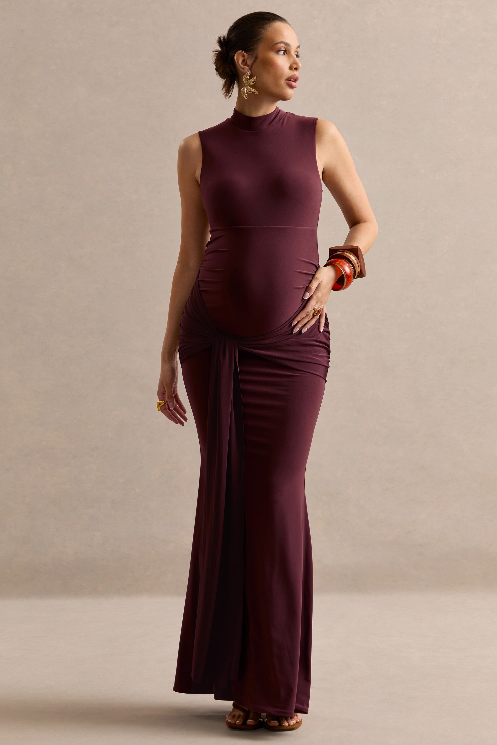 ECM_HR_CL138467022 - Ralina Dark Brown High-Neck Maternity Maxi Dress With Satin Tied Sash Detail1.jpg