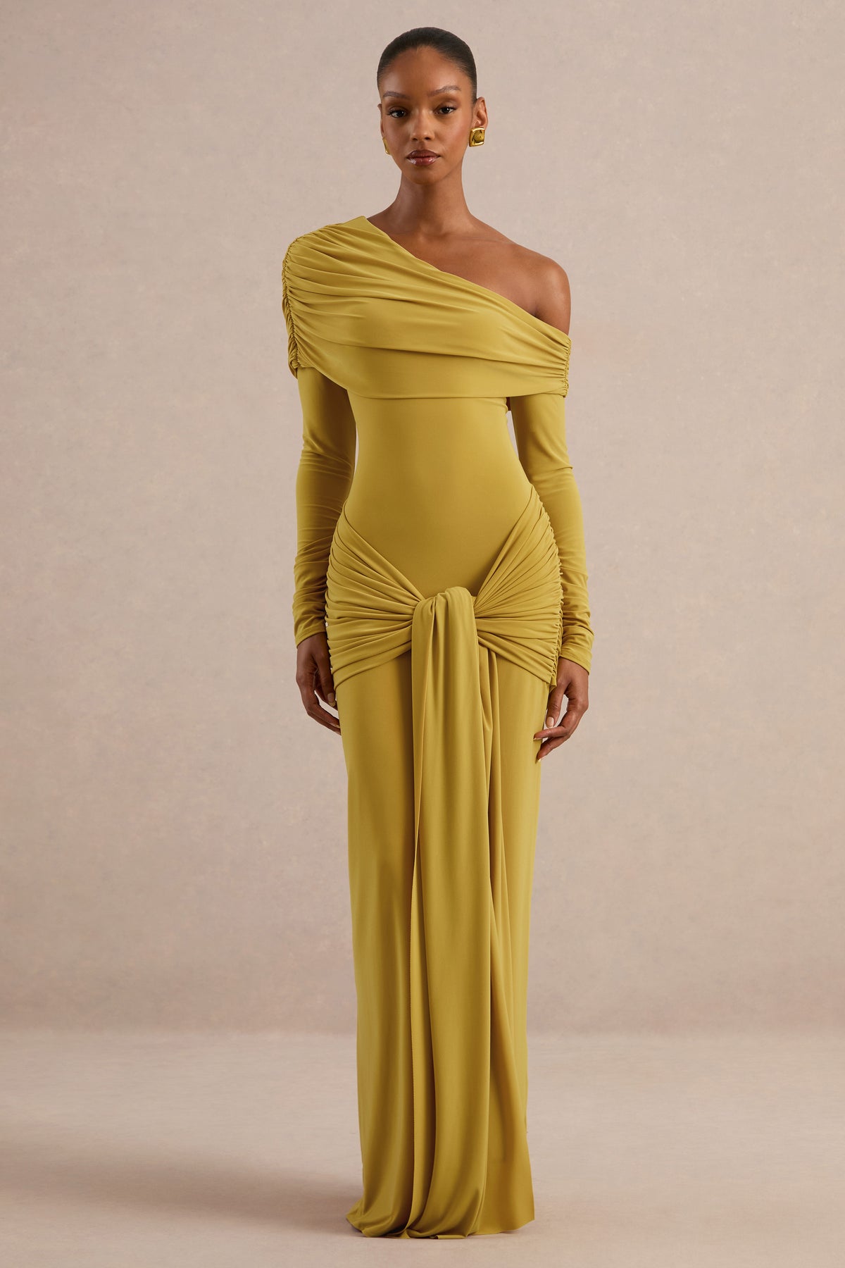 ECM_HR_CL138681122 - Avonlea | Mustard Asymmetric-Neck Maxi Dress With Gathered Detailing 0.jpg