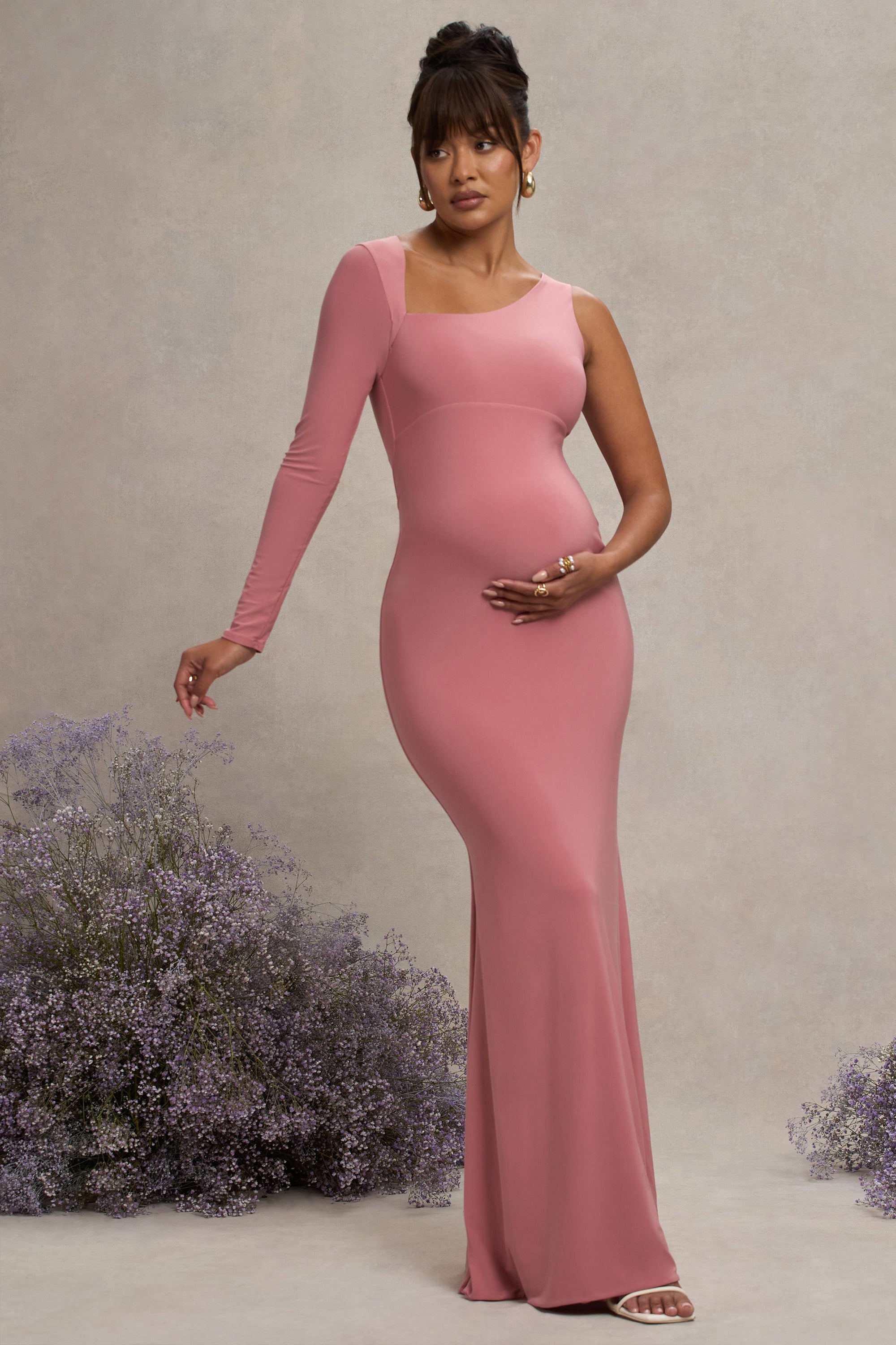 Oh Baby | Altrosa Umstands Ein-Schulter-Bodycon-Maxikleid