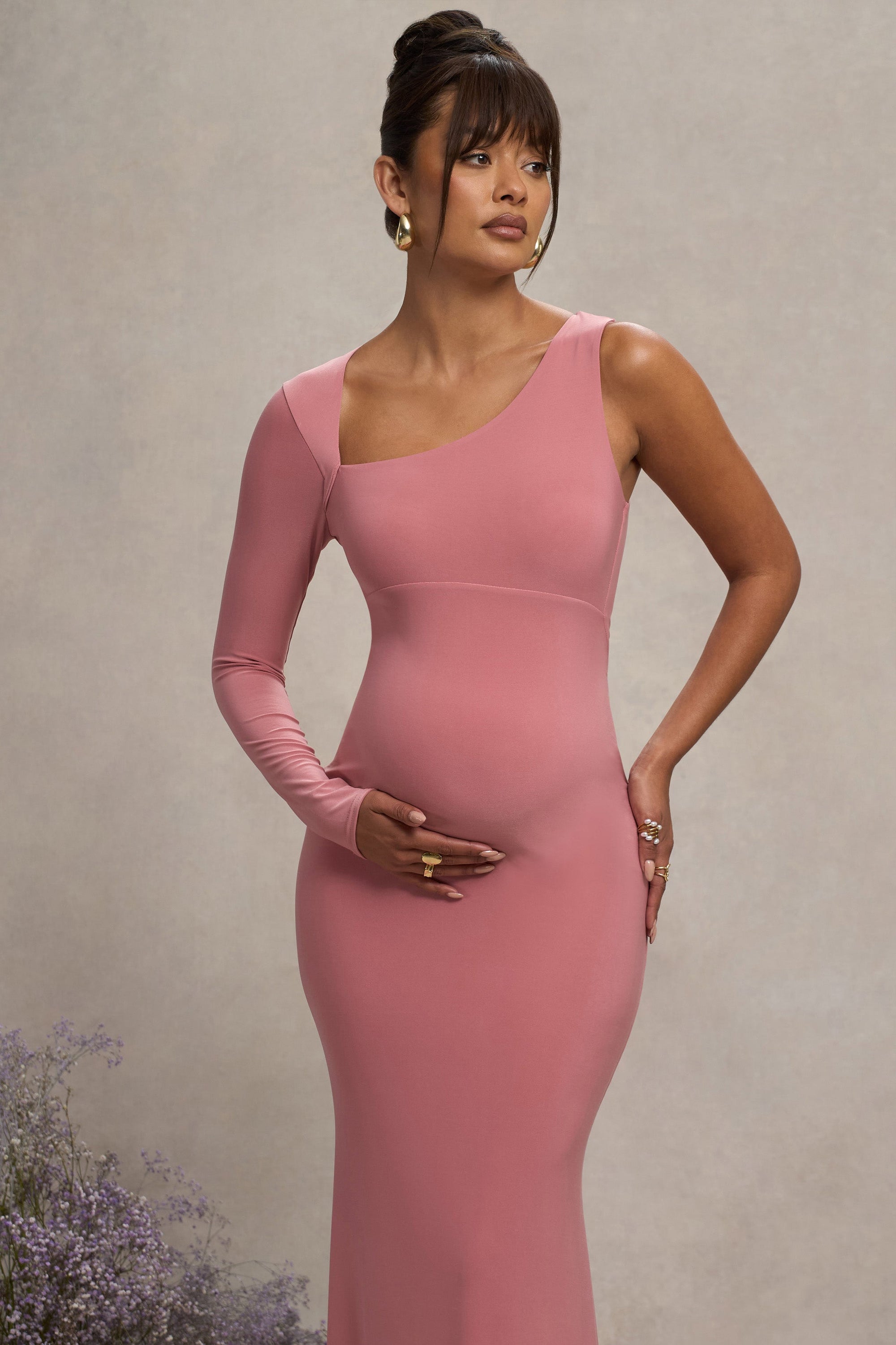 Oh Baby | Altrosa Umstands Ein-Schulter-Bodycon-Maxikleid