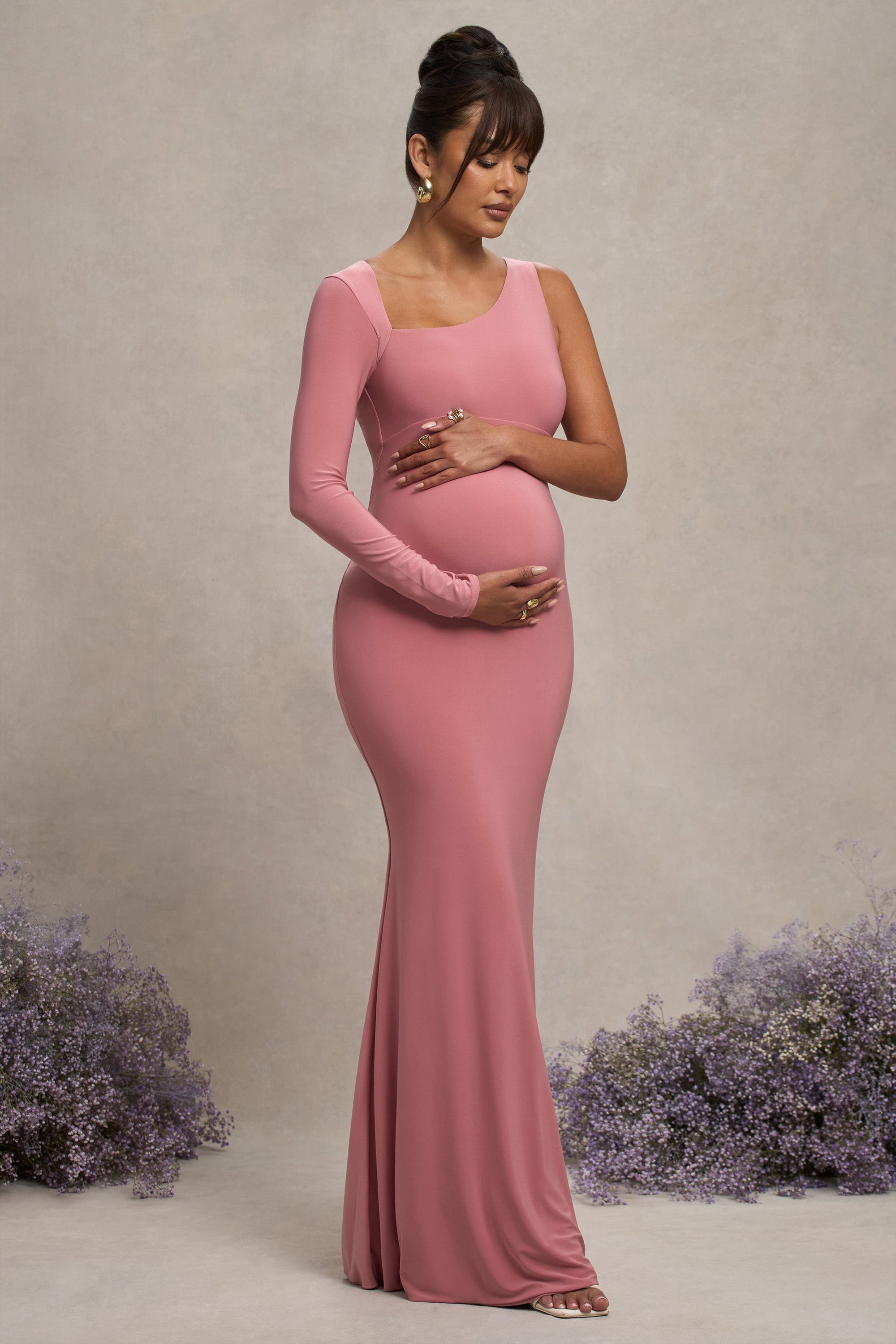 Oh Baby | Altrosa Umstands Ein-Schulter-Bodycon-Maxikleid