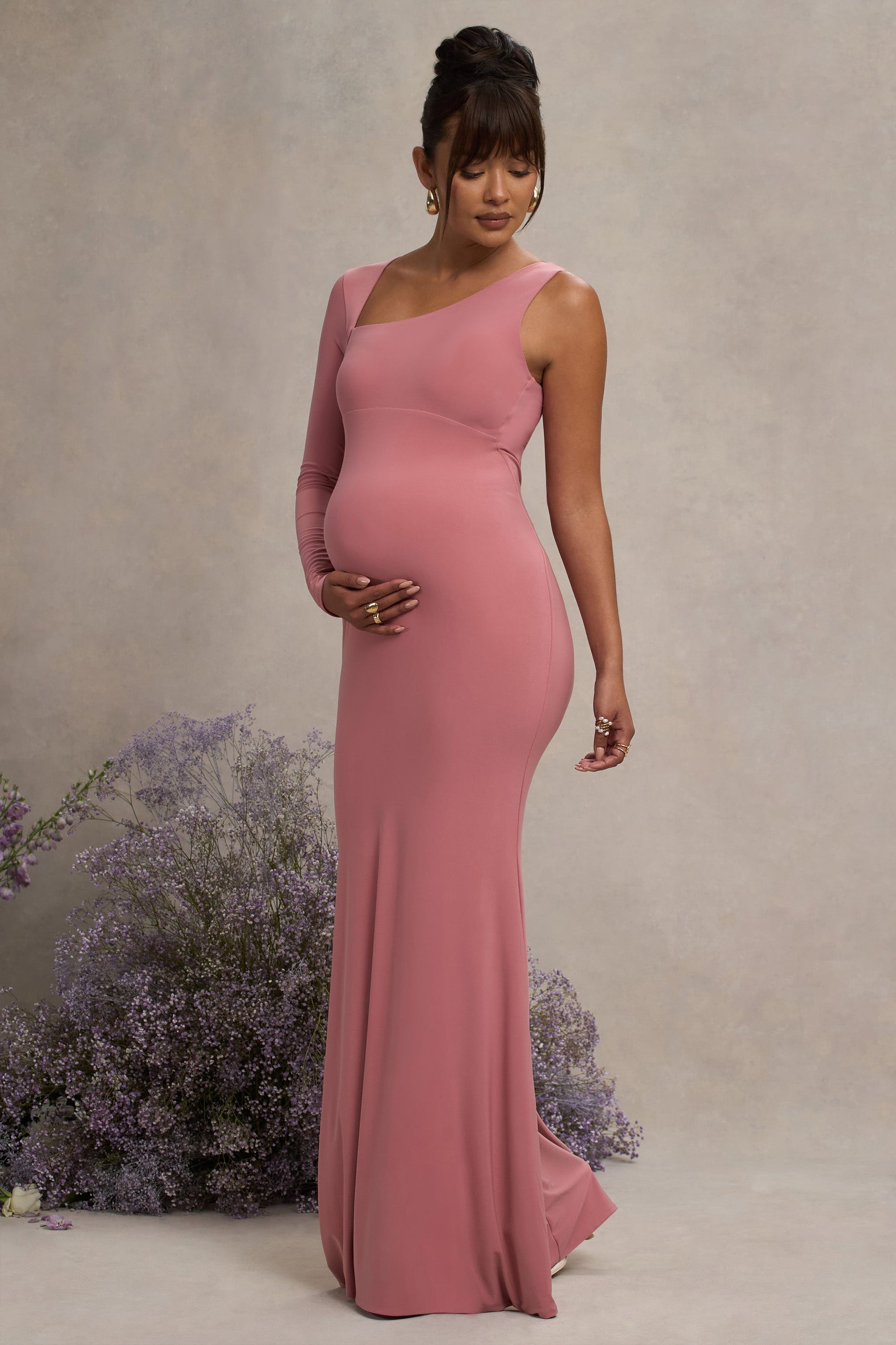 Oh Baby | Altrosa Umstands Ein-Schulter-Bodycon-Maxikleid