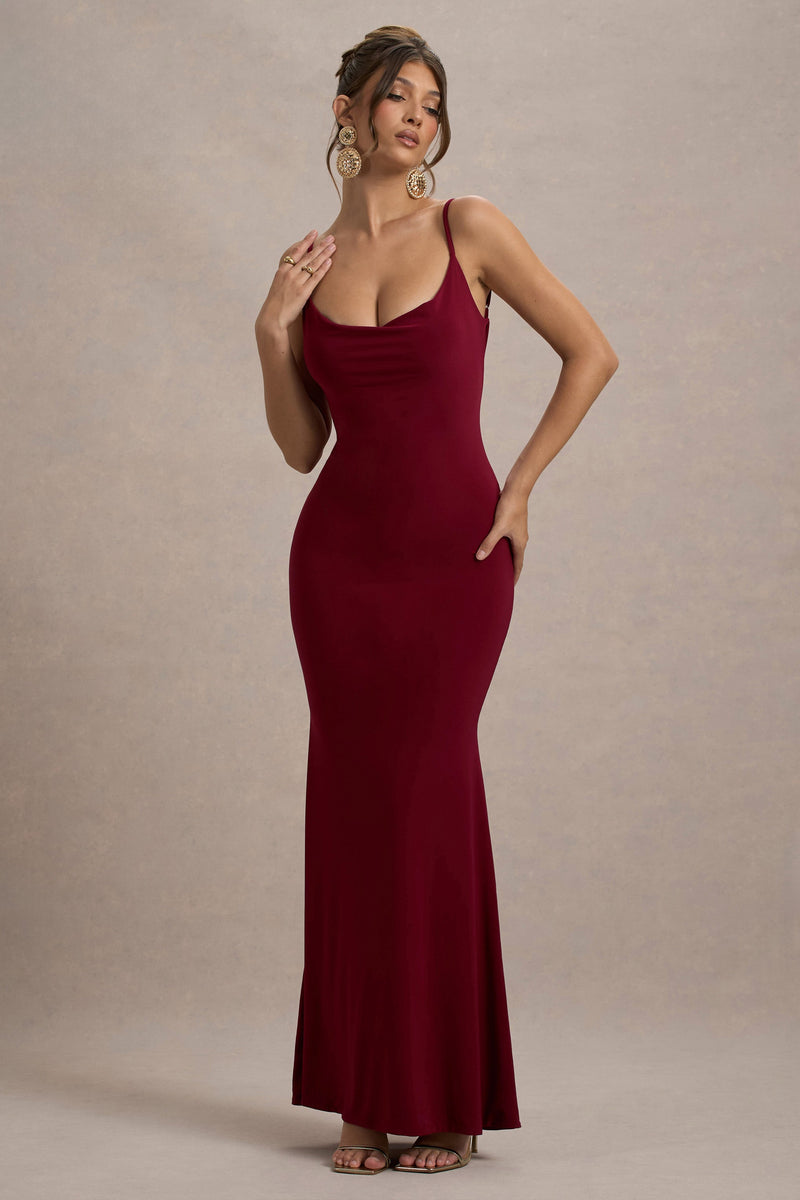 Francoise | Beerenfarbenes Wasserfall-Ausschnitt-Maxikleid mit Rückenausschnitt und Spitzeinsatz