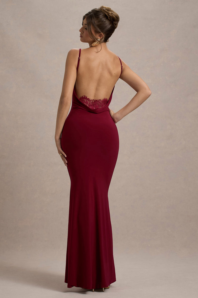 Francoise | Beerenfarbenes Wasserfall-Ausschnitt-Maxikleid mit Rückenausschnitt und Spitzeinsatz