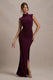 Lanetta | Pflaumenfarbenes Maxikleid mit Raffung, hohem Ausschnitt und Beinschlitz