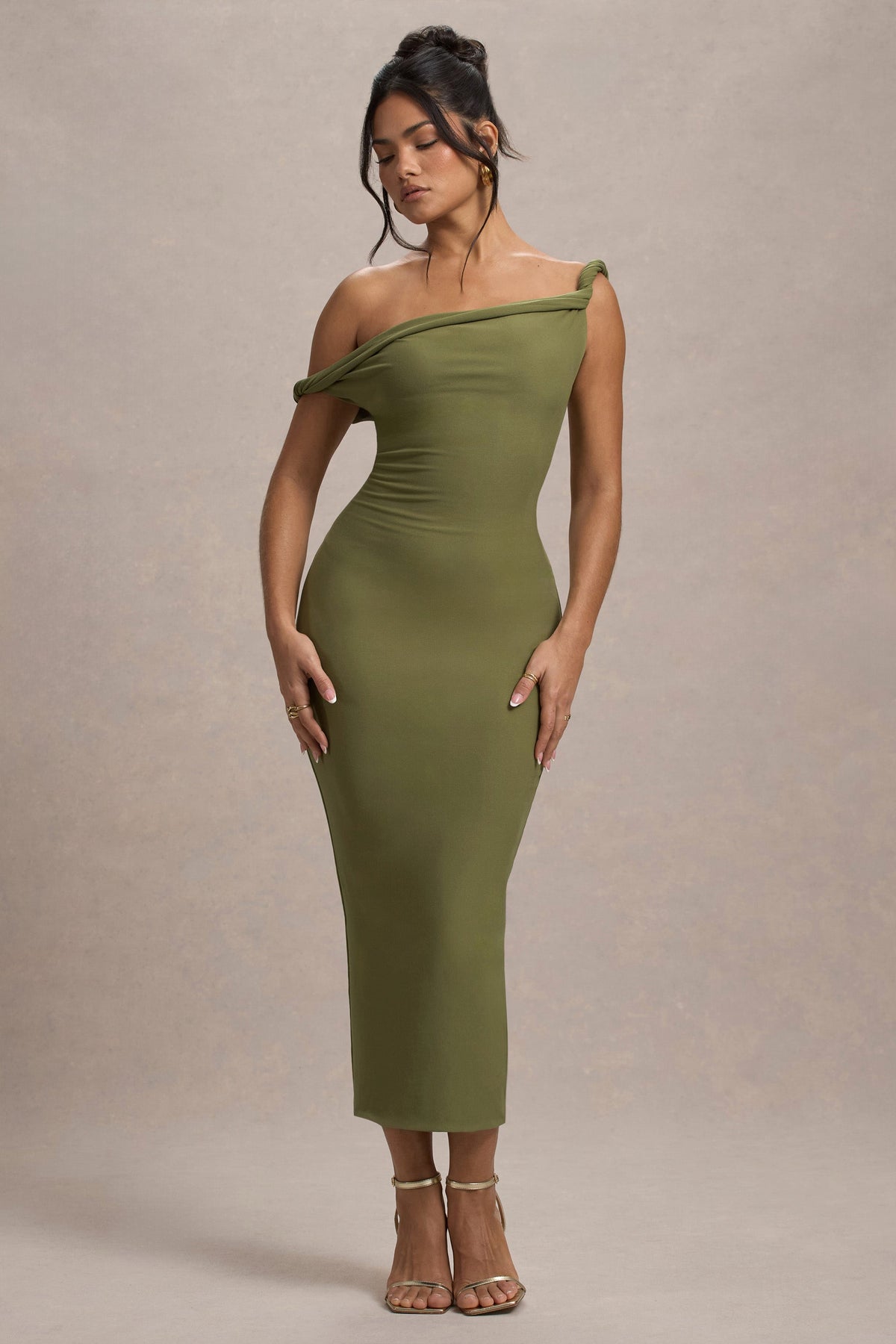 Salome | Olivfarbenes Asymmetrisches Midikleid mit verdrehten Details