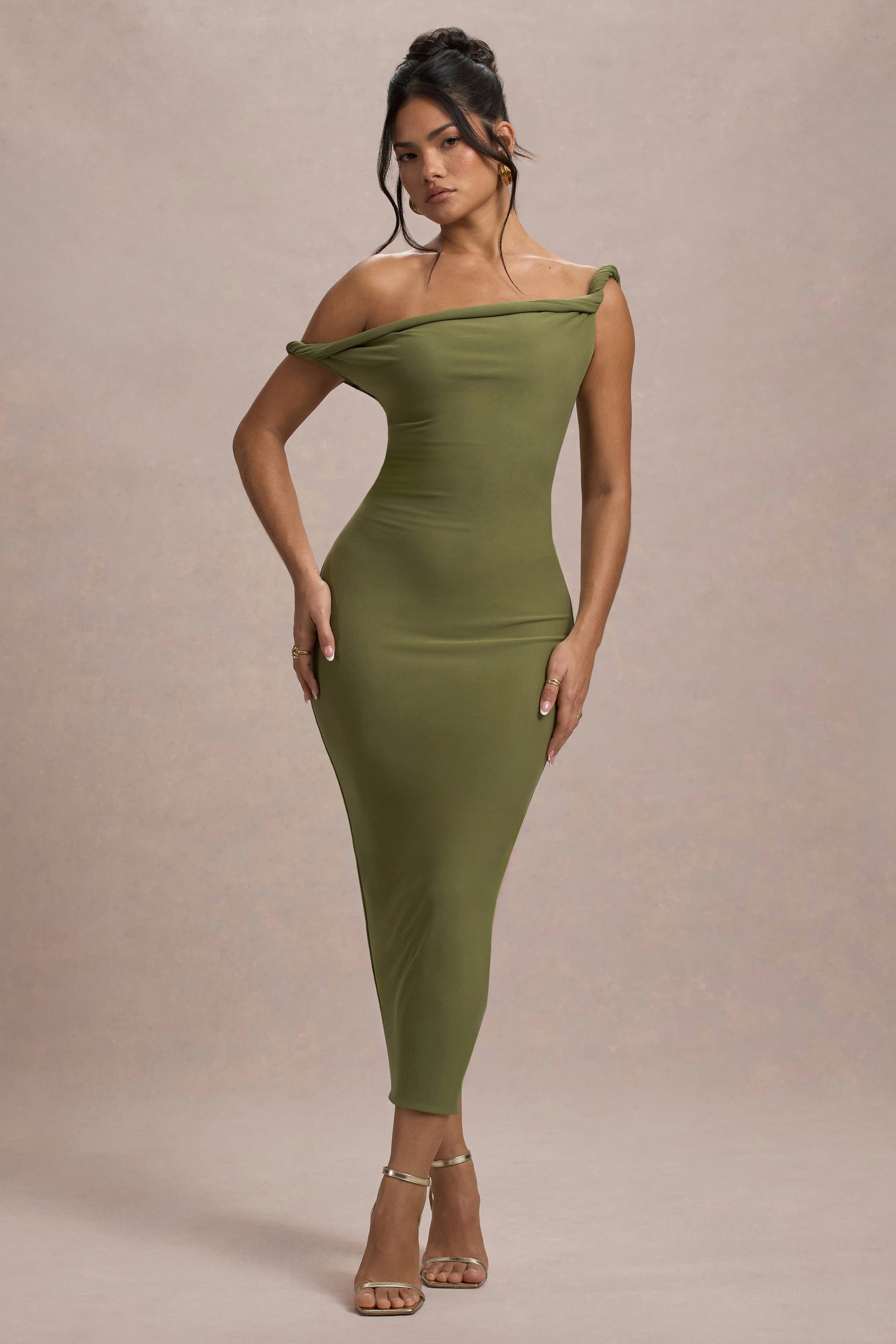 Salome | Olivfarbenes Asymmetrisches Midikleid mit verdrehten Details