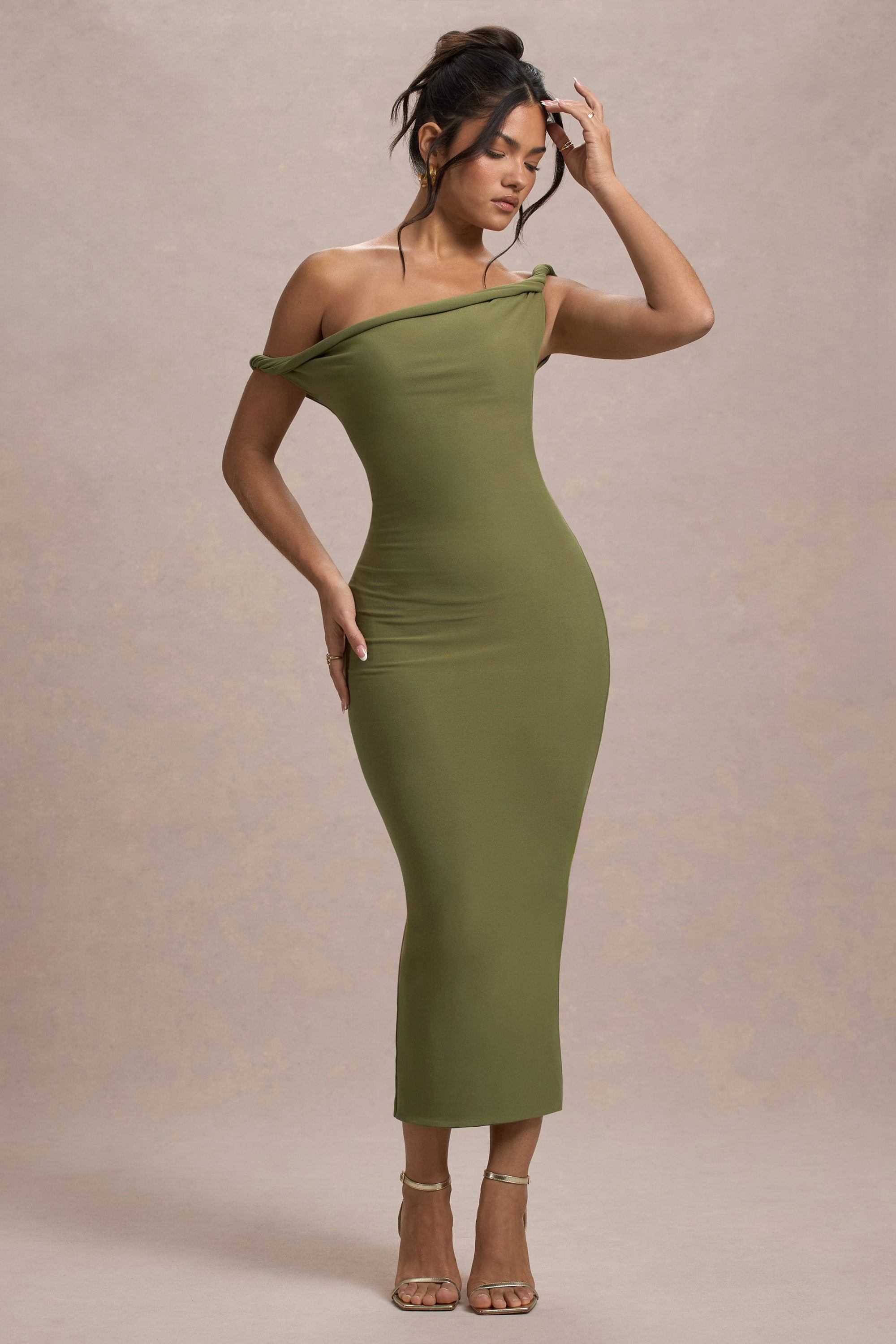 Salome | Olivfarbenes Asymmetrisches Midikleid mit verdrehten Details