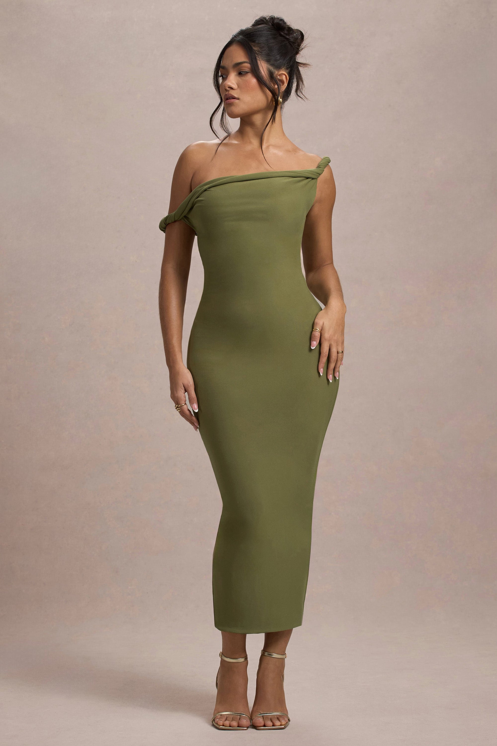 Salome | Olivfarbenes Asymmetrisches Midikleid mit verdrehten Details