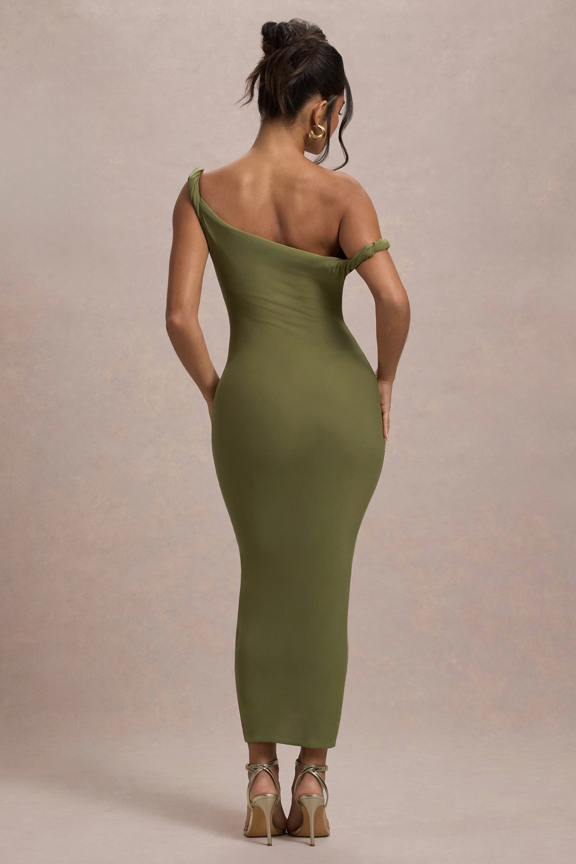 Salome | Olivfarbenes Asymmetrisches Midikleid mit verdrehten Details