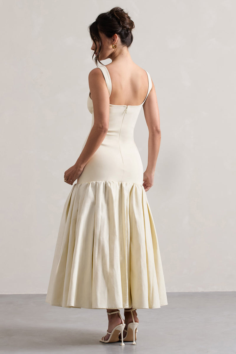 Parida | Cremefarbenes Popeline Midikleid mit tiefer Taille und Schößchen