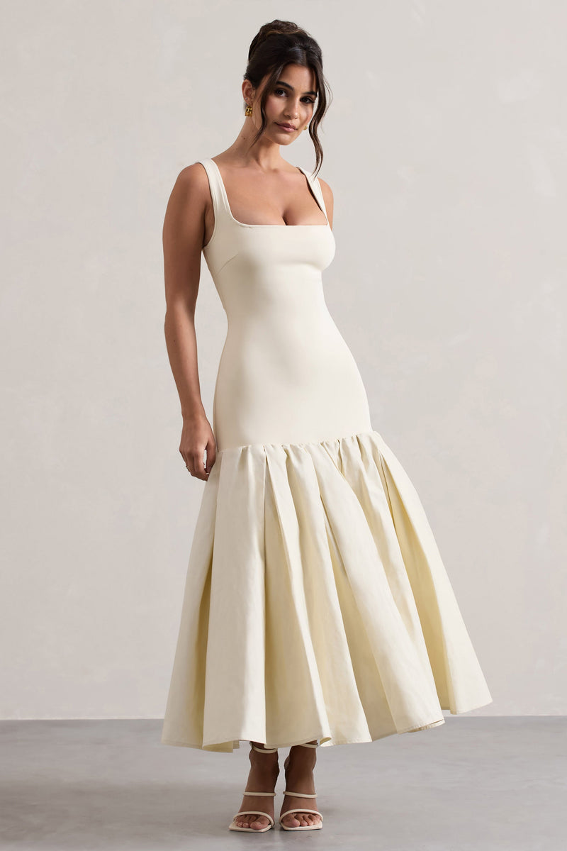 Parida | Cremefarbenes Popeline Midikleid mit tiefer Taille und Schößchen