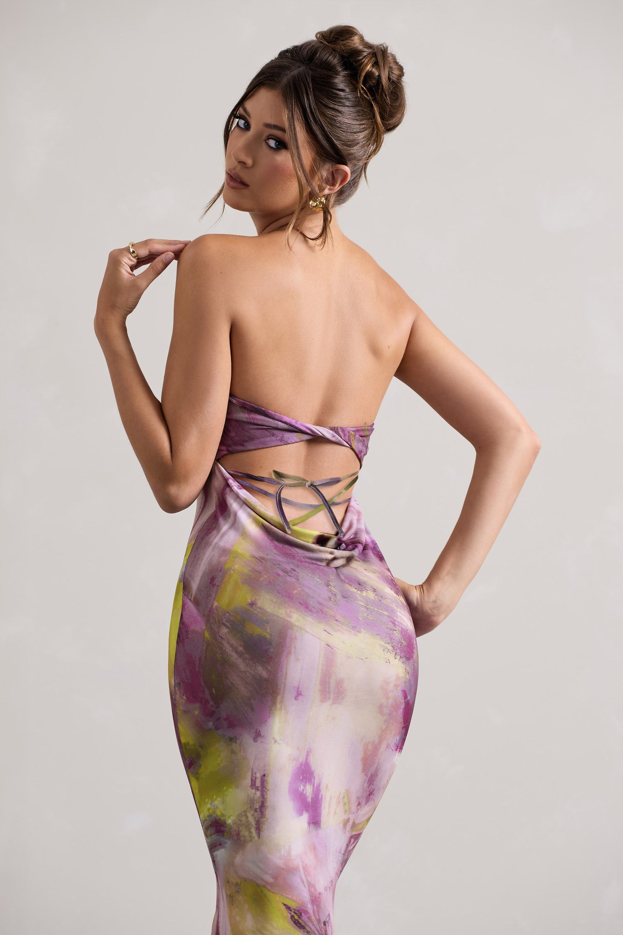 Santiago | Lila bedrucktes trägerloses Maxikleid mit Twist-Detail