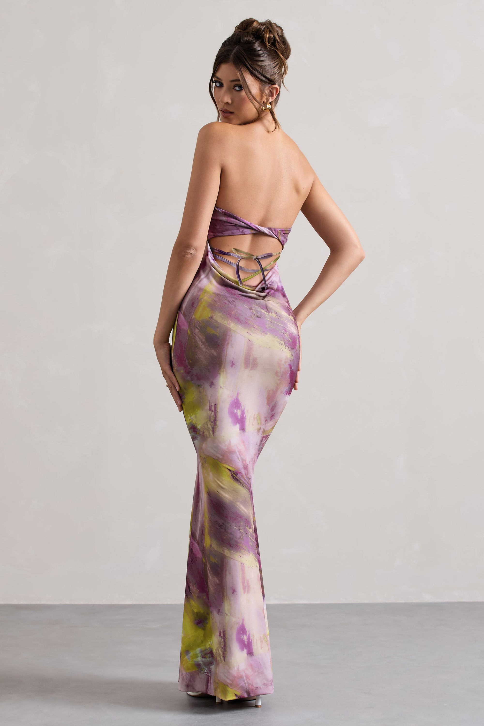 Santiago | Lila bedrucktes trägerloses Maxikleid mit Twist-Detail