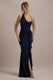 Lucena | Marinenblaublaues Maxikleid mit Wasserfallausschnitt und floralem Wickeldesign