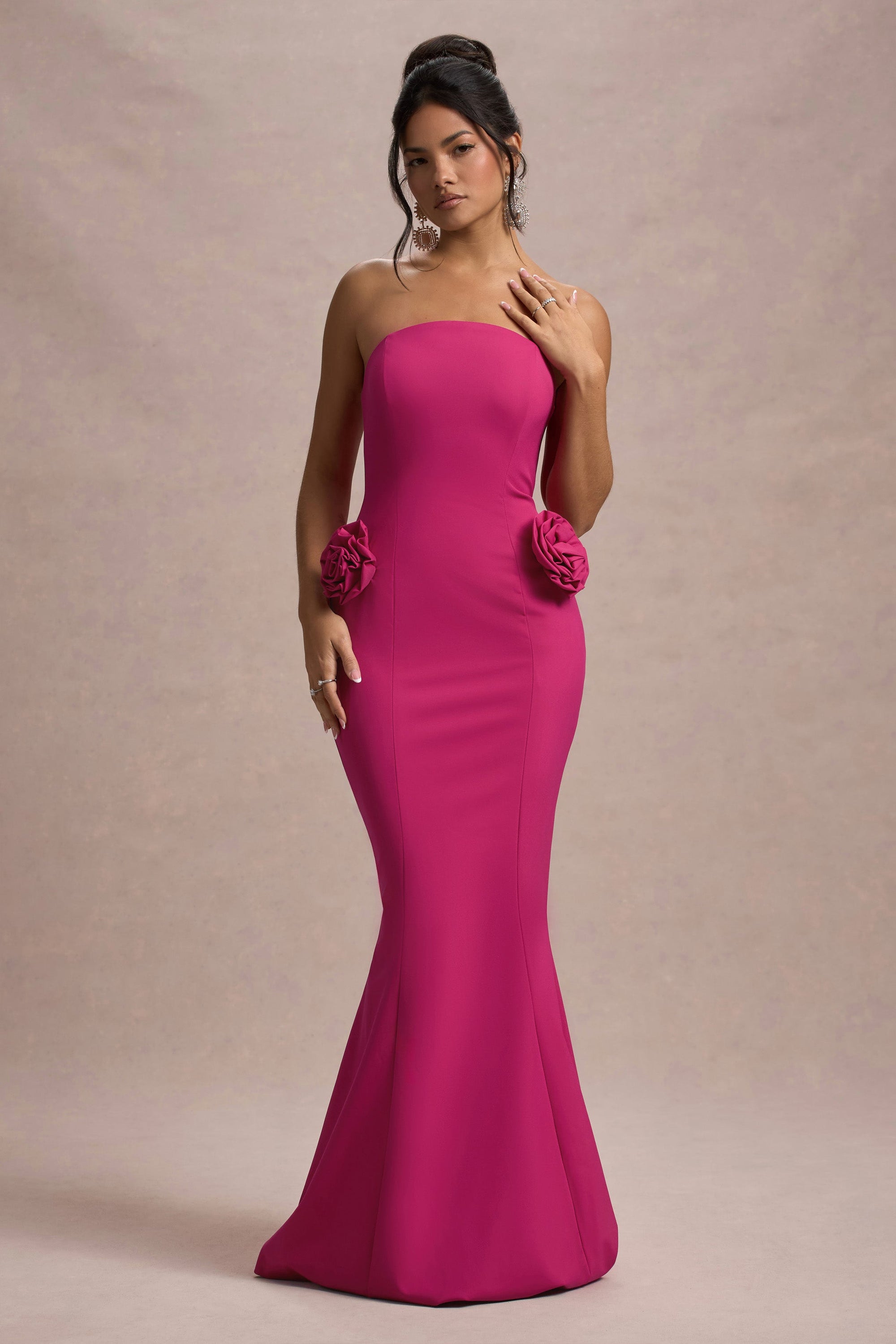 Best Of The Best | Dunkelrosa trägerloses Fishtail-Maxikleid mit Korsagen
