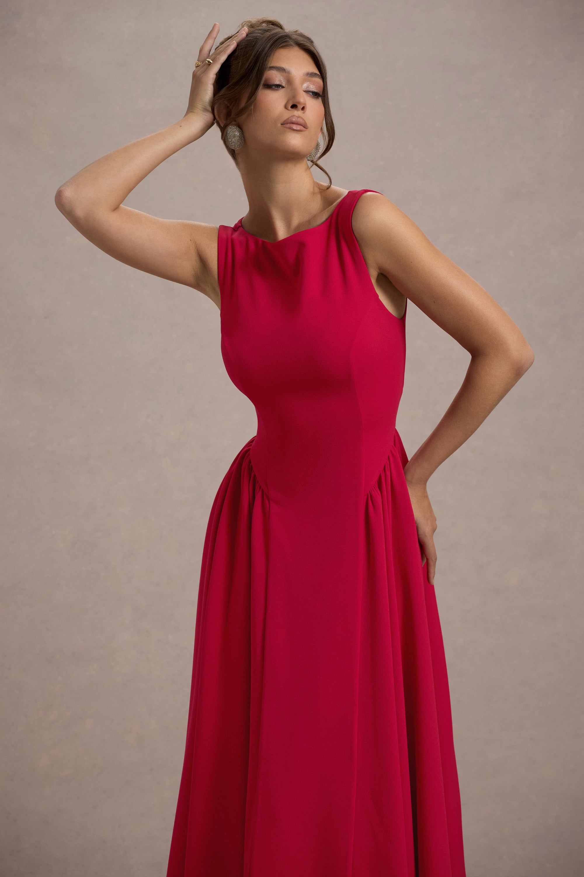 Muriel | Rotes Midikleid mit Boot-Ausschnitt und Volumensaum