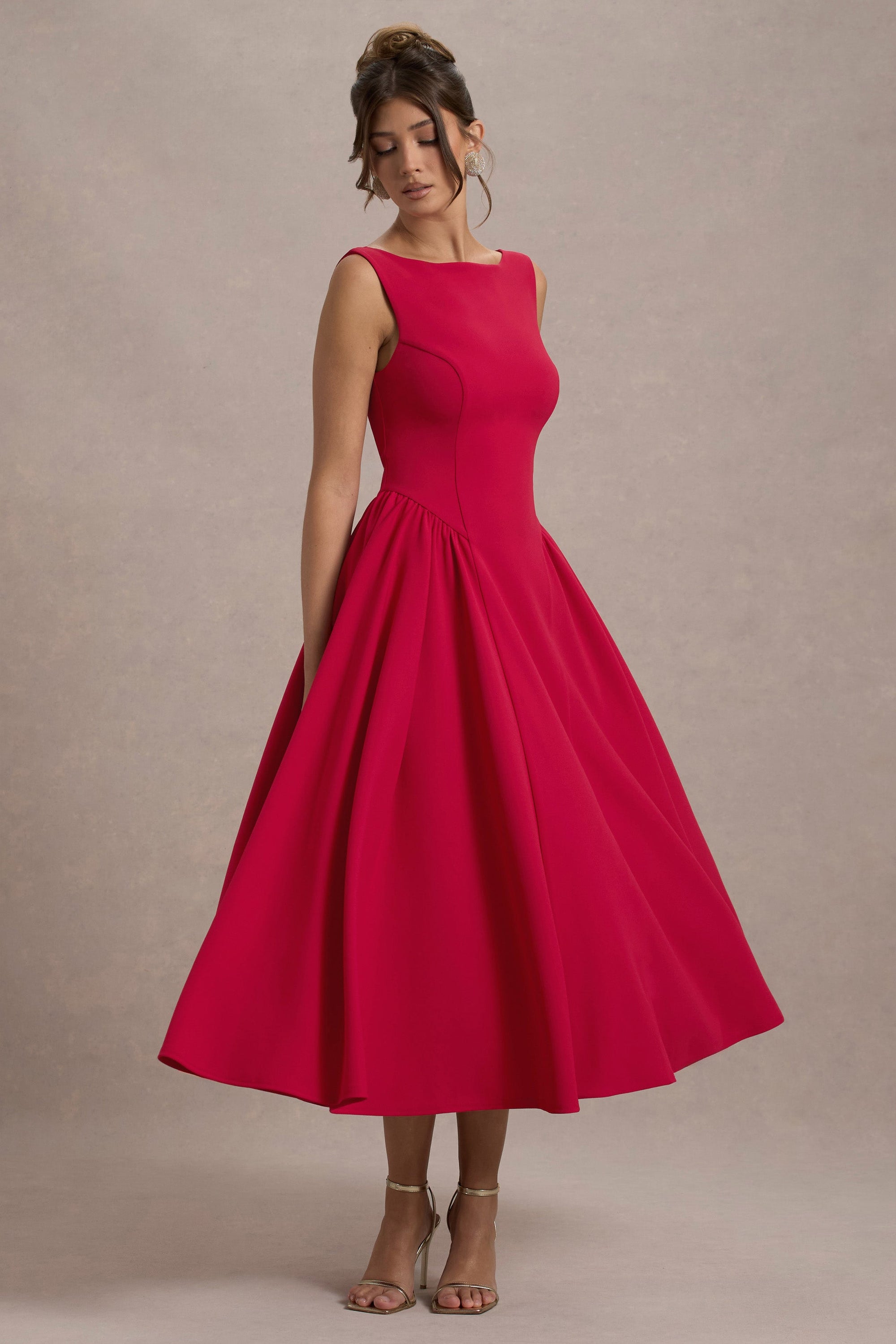 Muriel | Rotes Midikleid mit Boot-Ausschnitt und Volumensaum