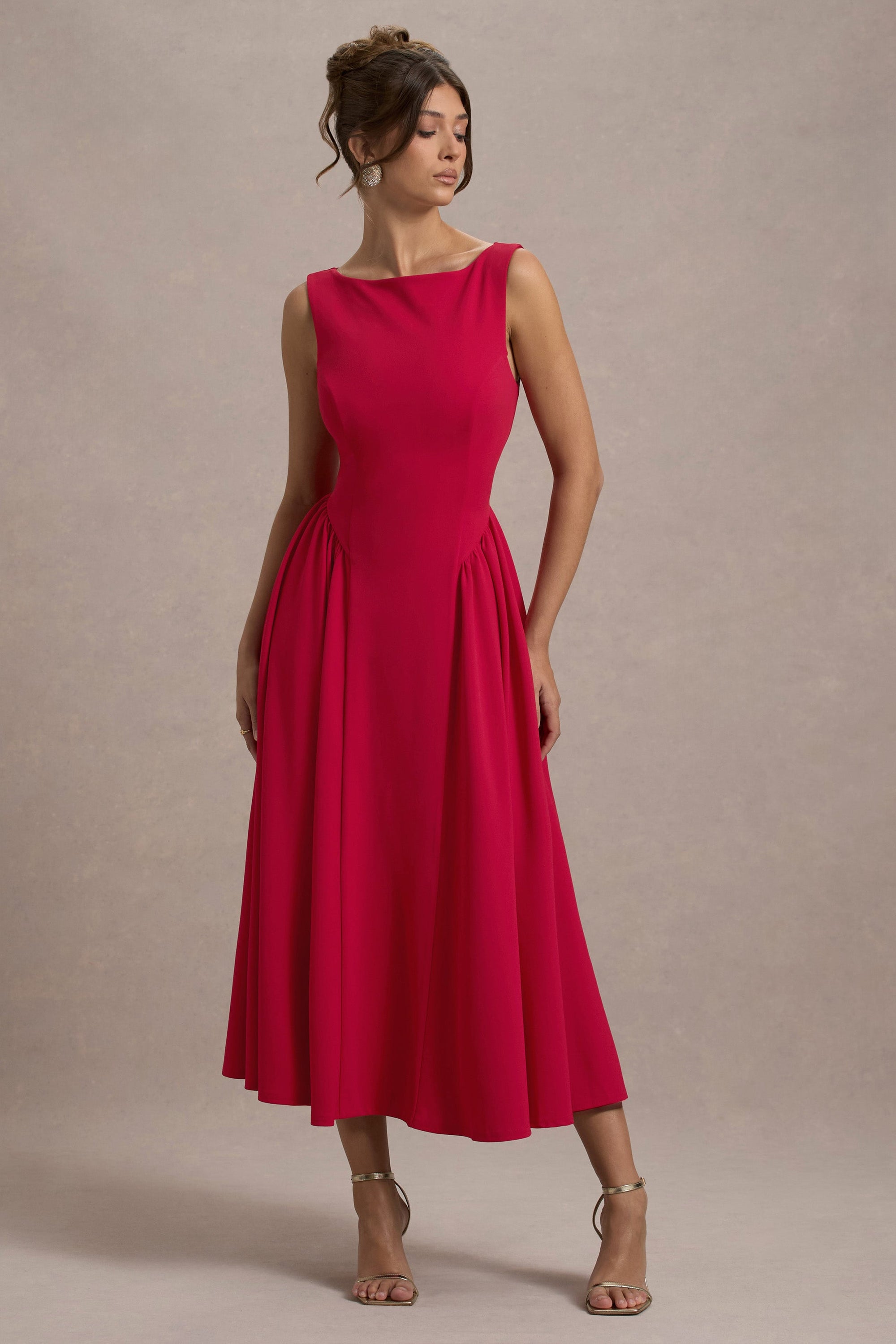 Muriel | Rotes Midikleid mit Boot-Ausschnitt und Volumensaum