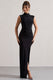 Lanetta | Schwarzes Maxikleid mit Raffung, hohem Kragen und Schlitz