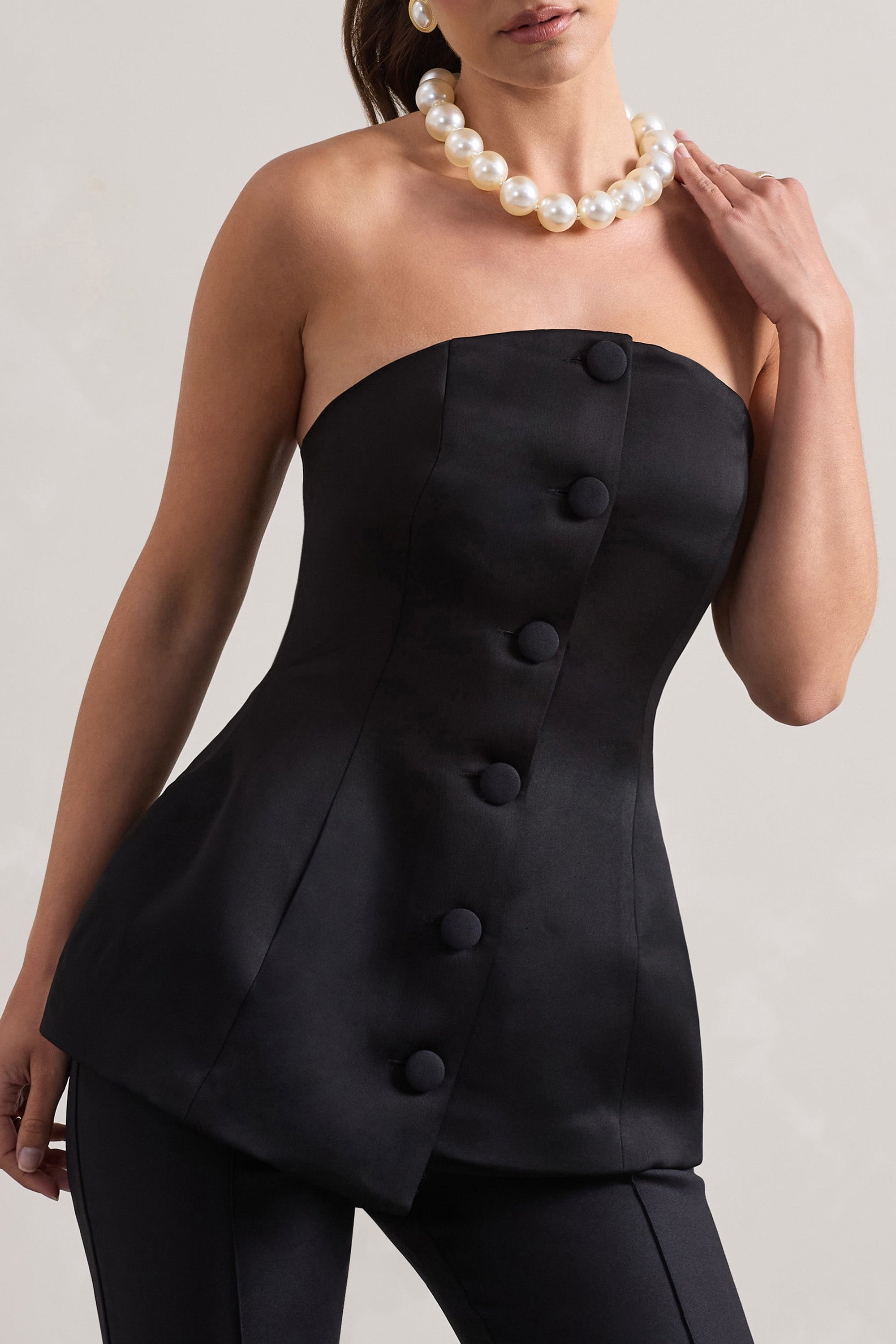 Century | Schwarzes Satin-Korsett-Top ohne Träger mit Knopfleiste vorne