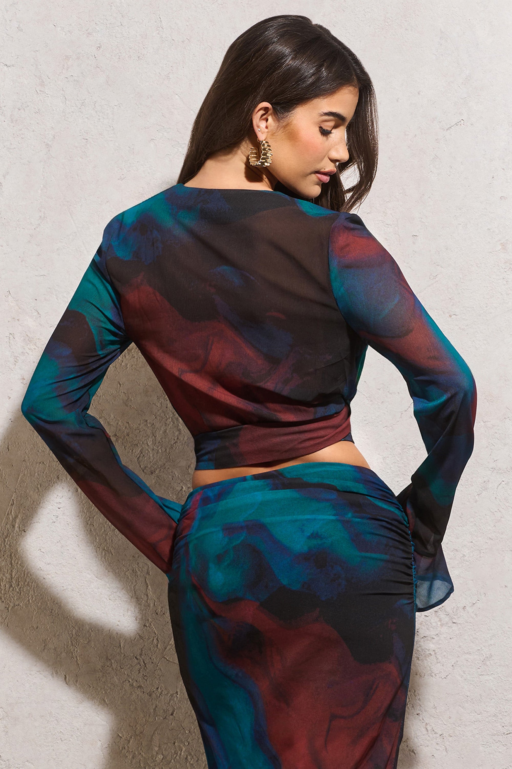 Bayside | Chiffon-Wickel-Oberteil mit ausgestellten Ärmeln im Blauprint