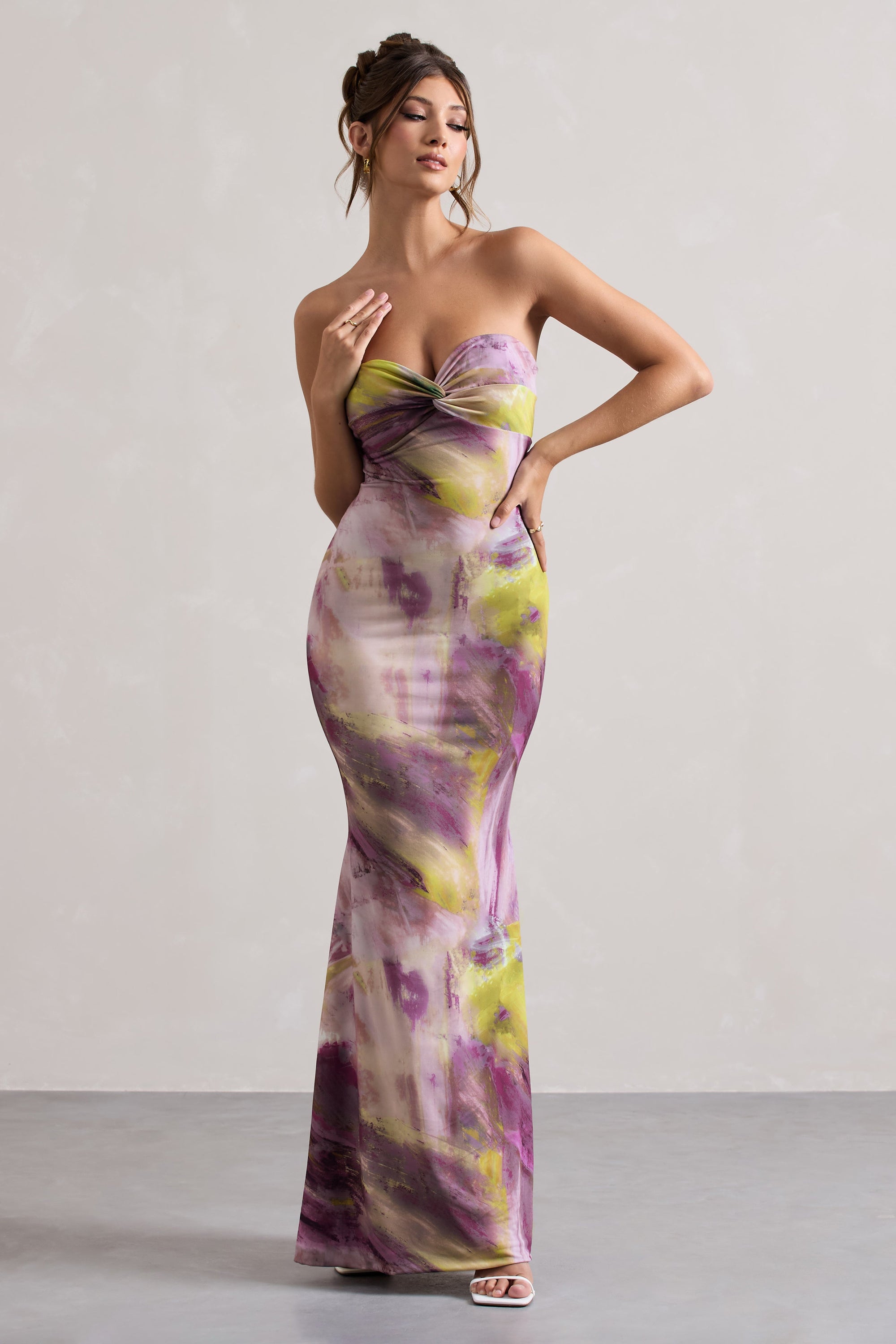 Santiago | Lila bedrucktes trägerloses Maxikleid mit Twist-Detail