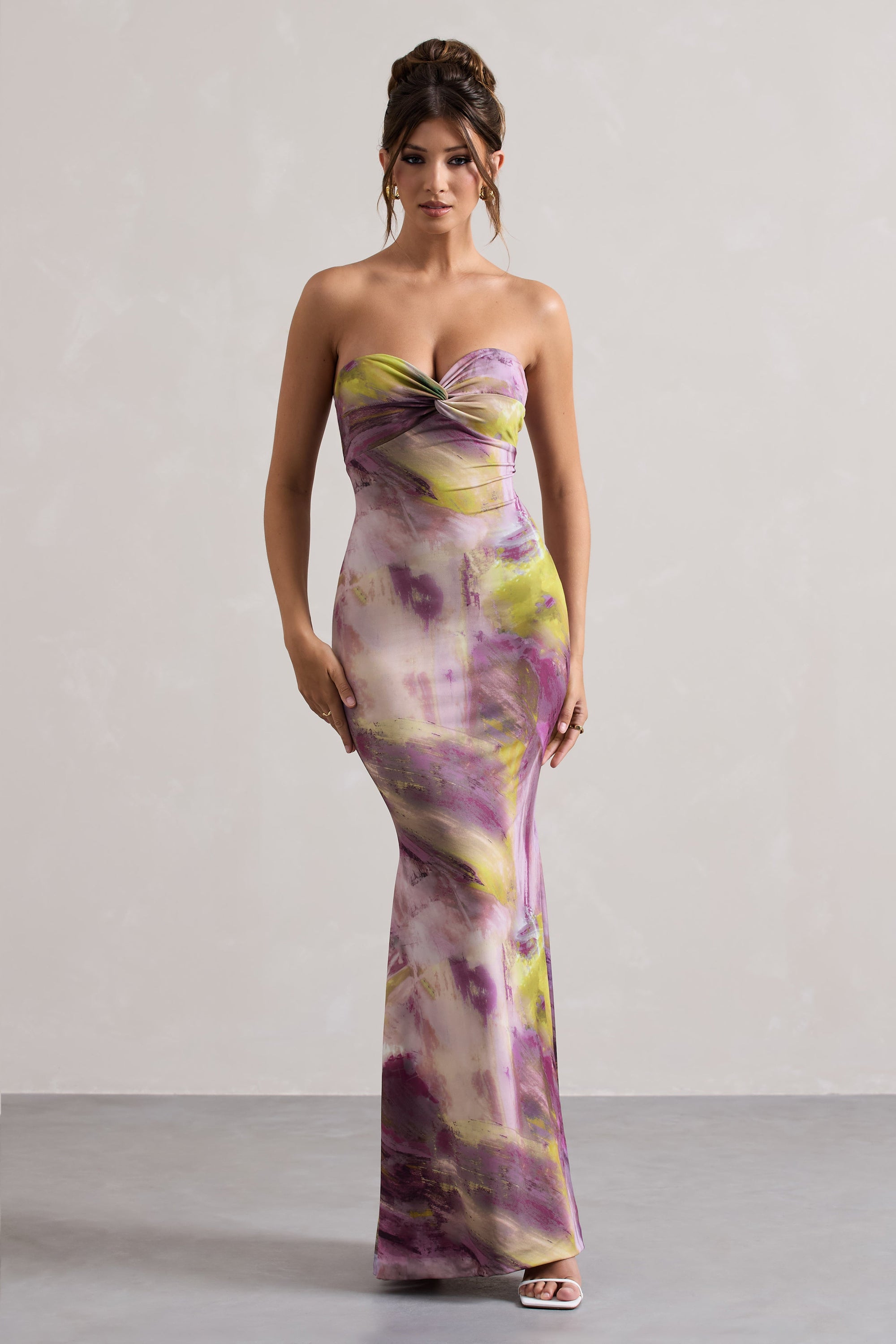 Santiago | Lila bedrucktes trägerloses Maxikleid mit Twist-Detail