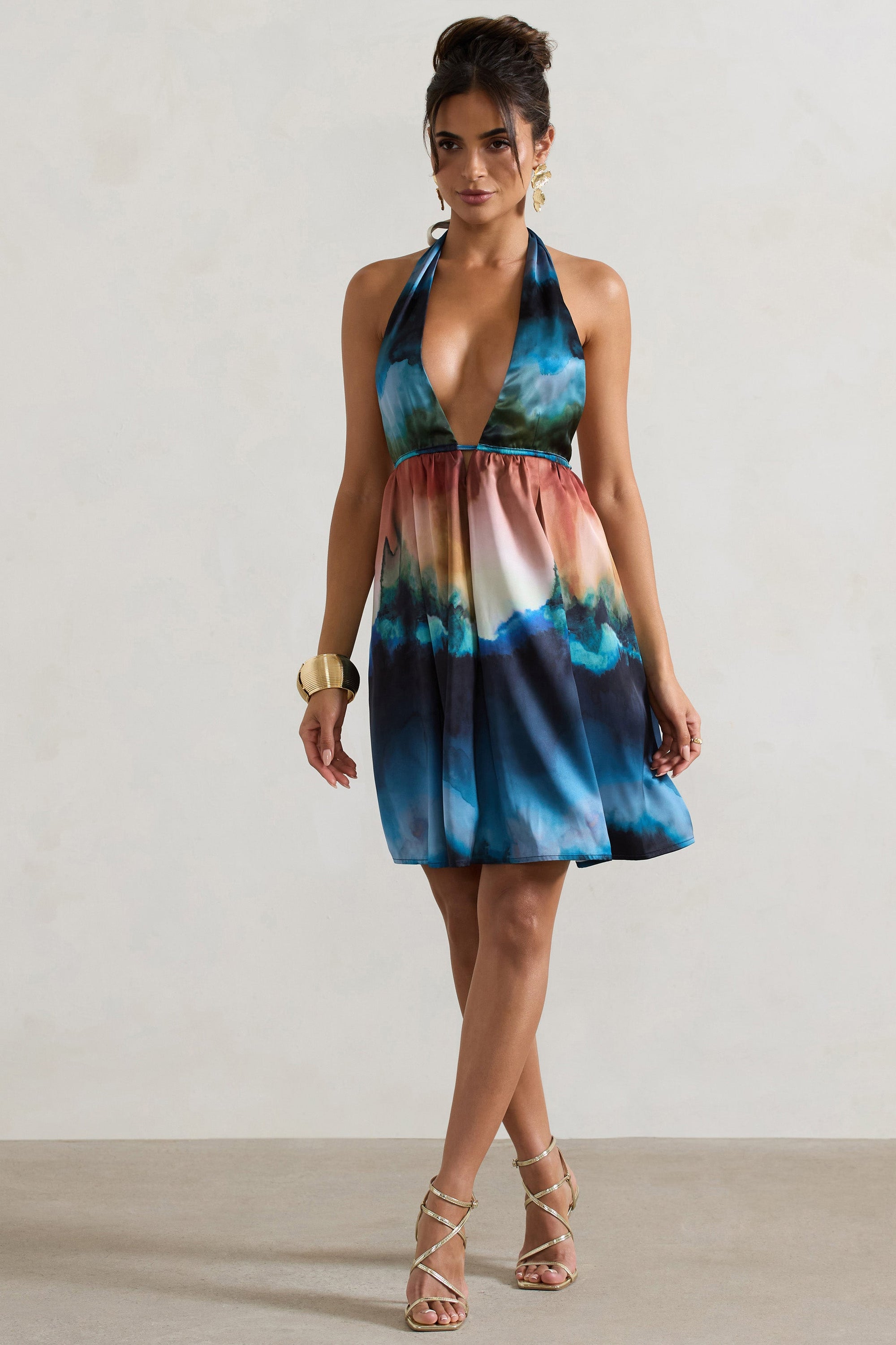 Naxos | Mehrfarbig bedrucktes Babydoll Minikleid mit tiefem Ausschnitt