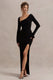 Cosmos | Schwarzes asymmetrisches Langarm-Maxikleid mit Schlitz