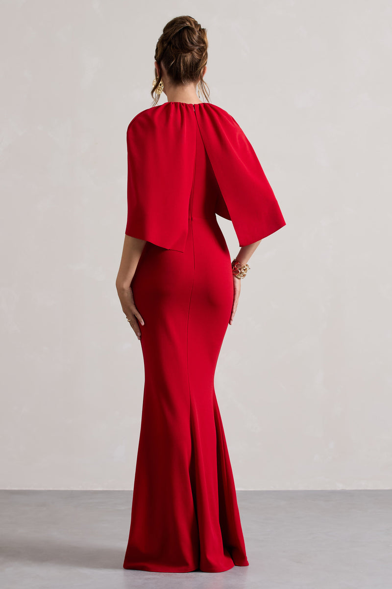 Kianne | Rotes drapiertes Maxikleid mit kurzen Ärmeln