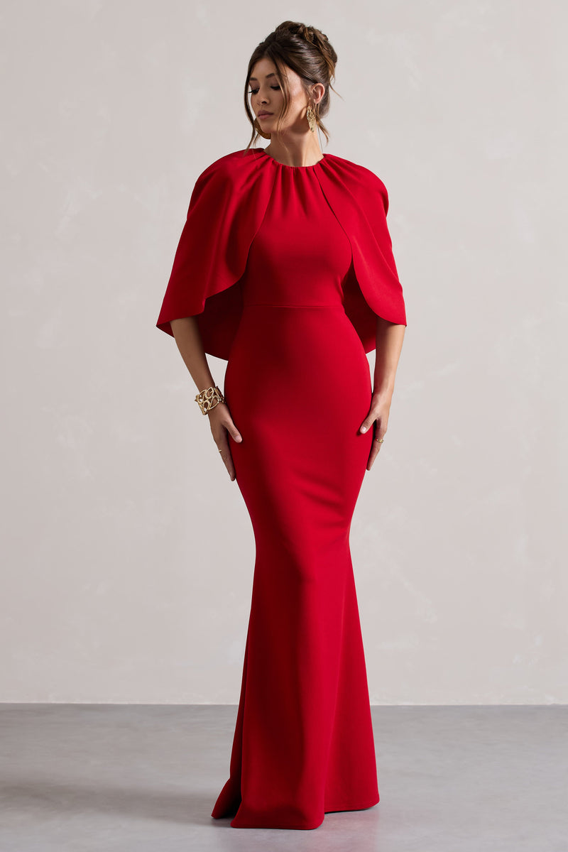 Kianne | Rotes drapiertes Maxikleid mit kurzen Ärmeln