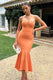 Daylight | Pfirsichfarbenes Midikleid mit Korsage und High-Low-Saum